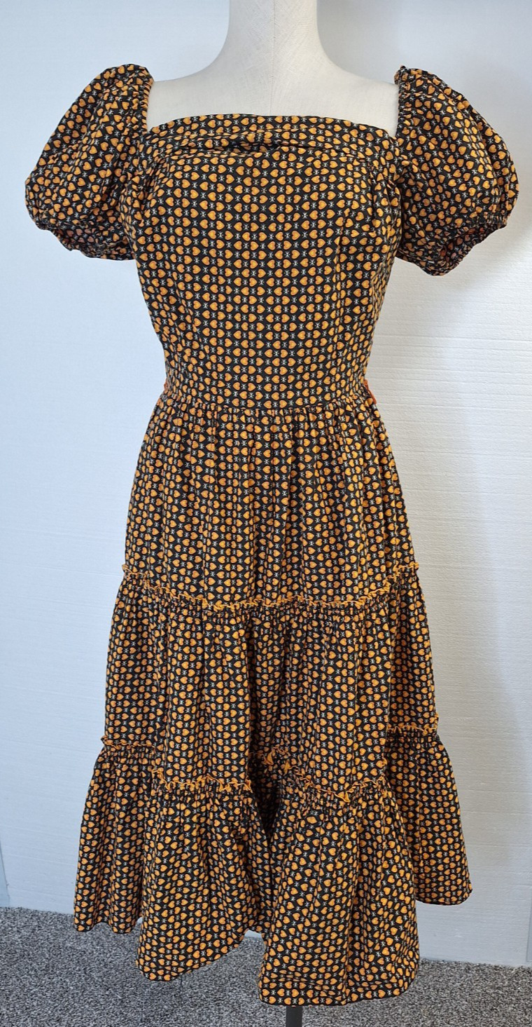 VTG EMIL Of California Woman’s Dress Orange/Black Hearts Ruffle Size ?