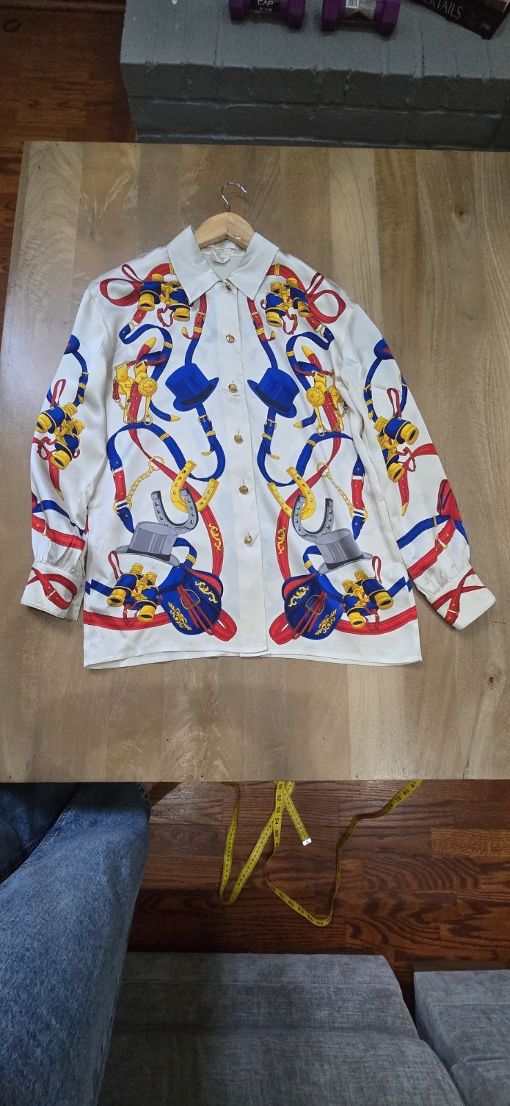 Vtg Escada West Germany Silk Blouse 38 Horse Equestrian Novelty Print Shirt