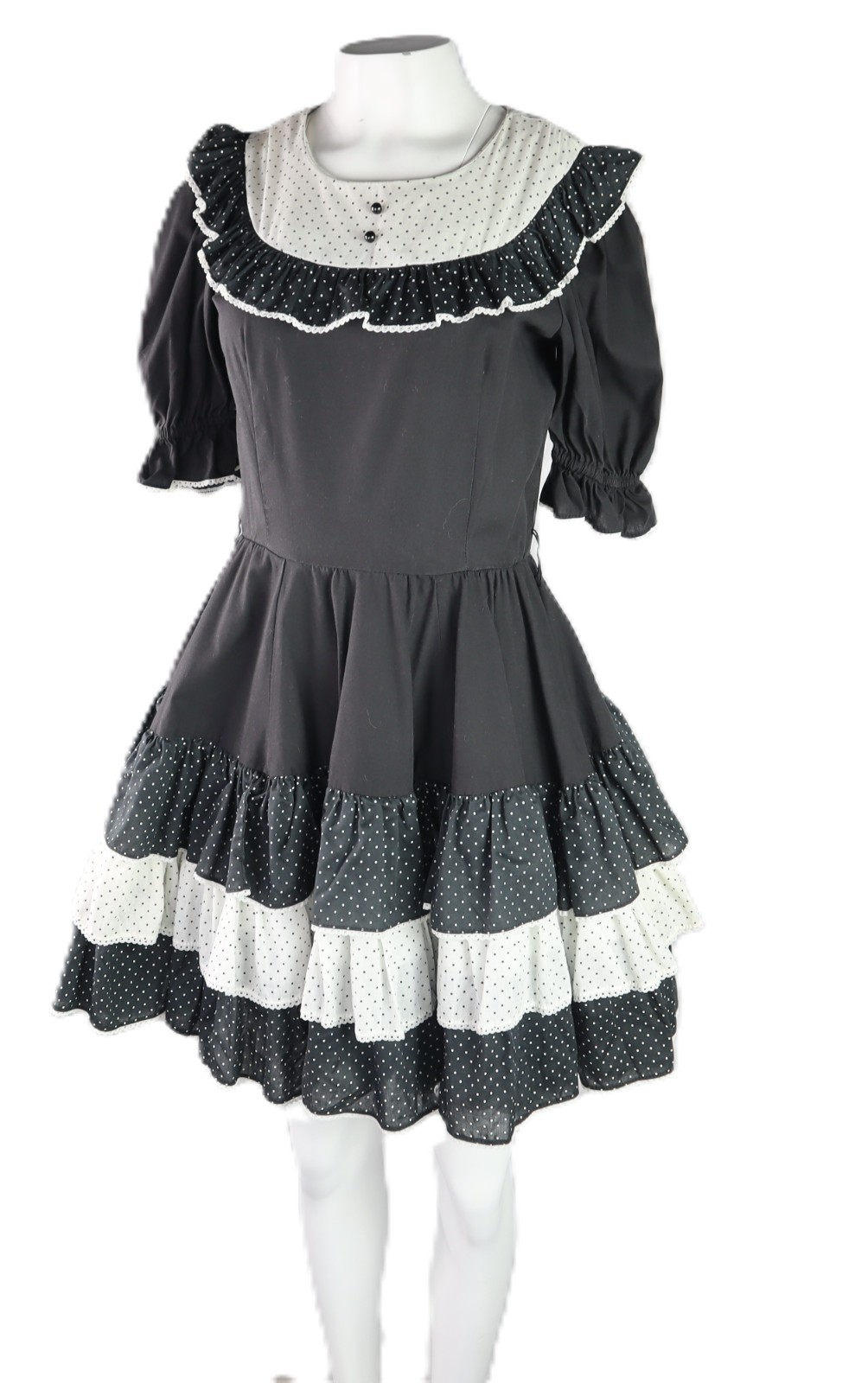 VTG 60s 70s Jeri Bee USA 0 2 XS Square Dance Prairie Polka Dot Knee Dress Black