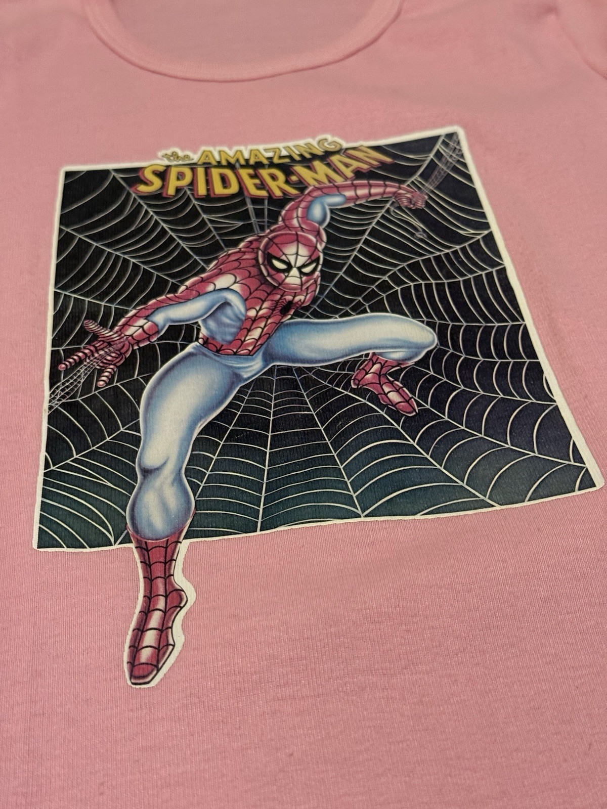 Vtg 70s Baby Doll TShirt Pink The Amazing Spiderman XS Single Stitch Polycotton