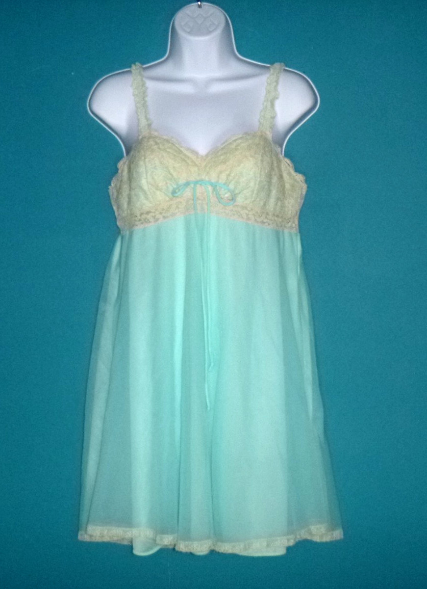 Vtg 60s Olga Sleeping Pretty Nightgown Aqua Double Layer Nylon Chiffon Sz M