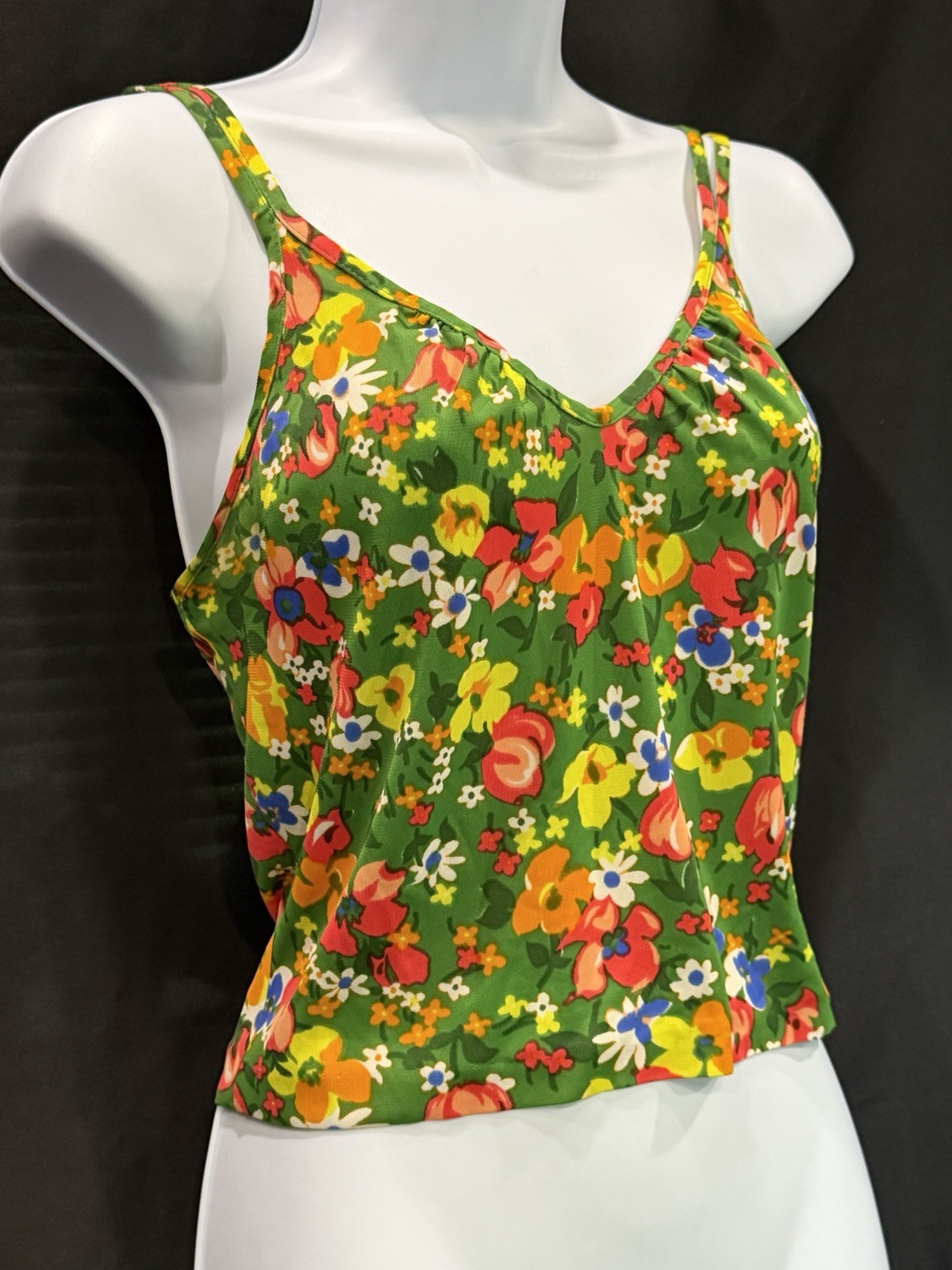 Vtg 70’s Maille de France Shocking Diffusion Disco Daywear Green Floral Tank