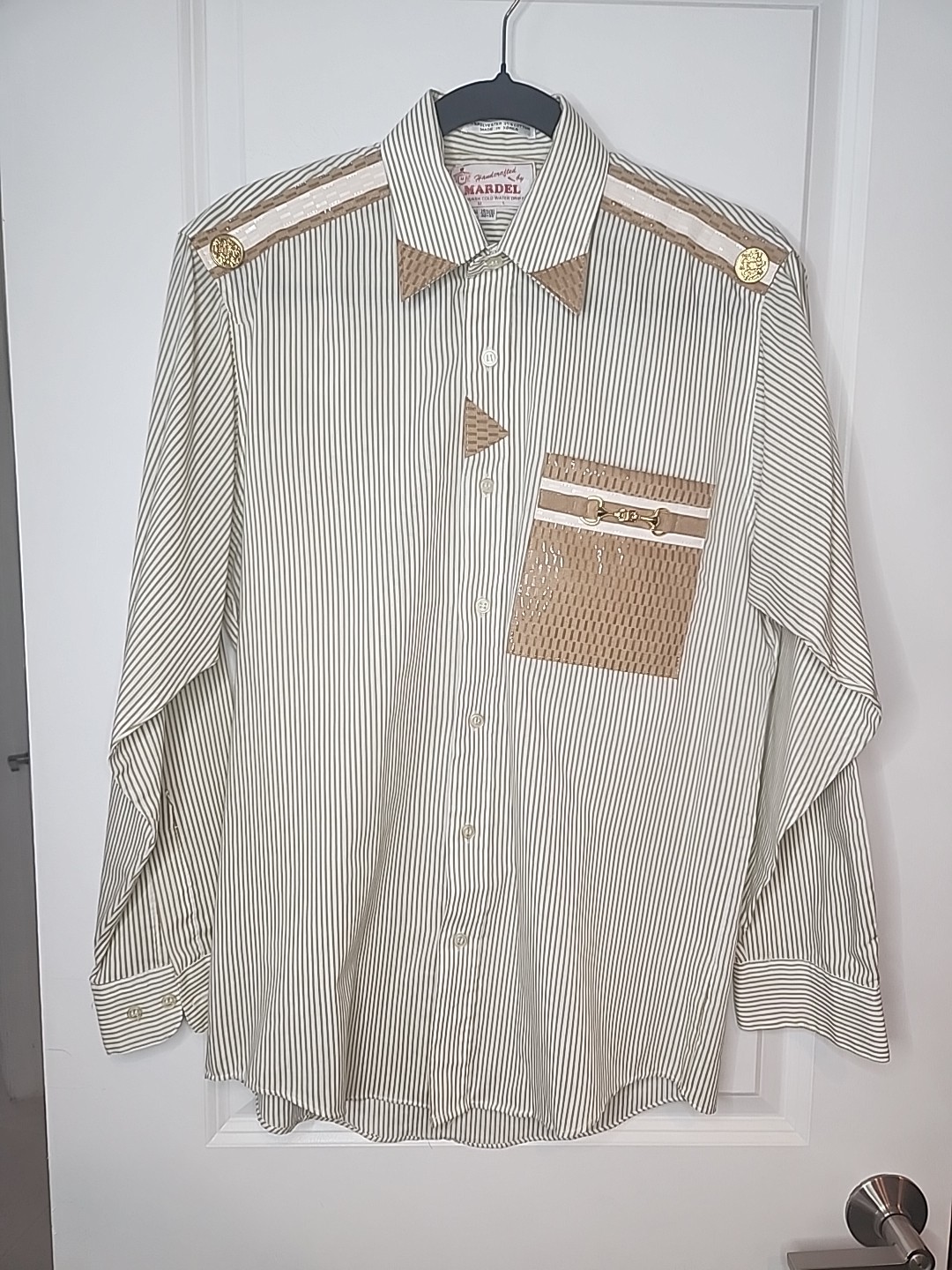 MARDEL Vtg Handcrafted Embellished Western Gld Beige Shirt Sz 14 1/2 (32/33)