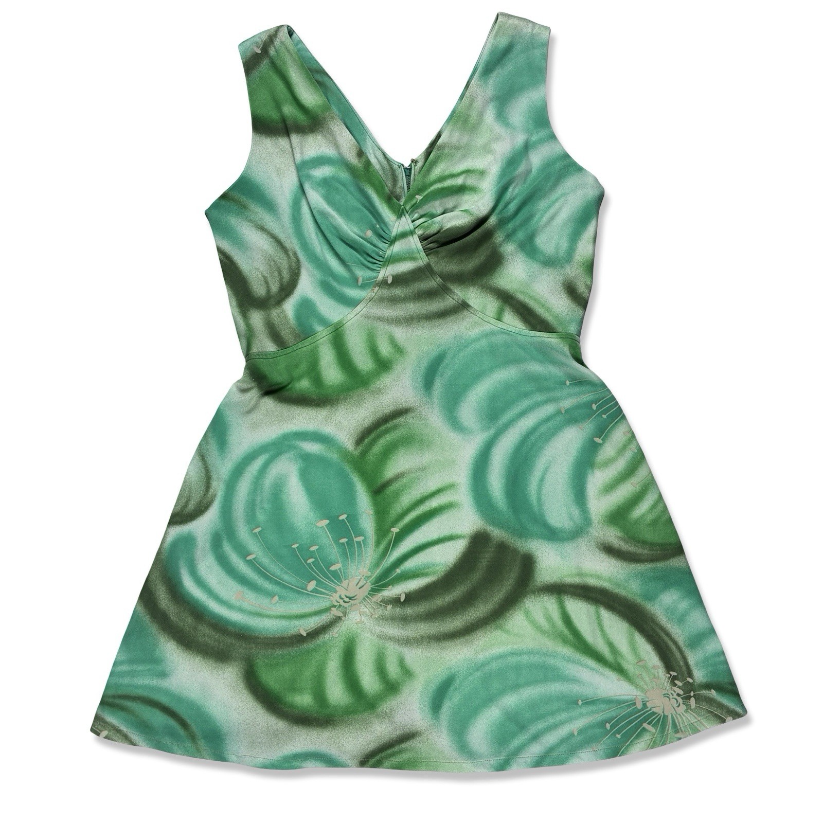 Vintage 60s 70s Women’s Green Floral V-Neck Dress Mod Gogo 16