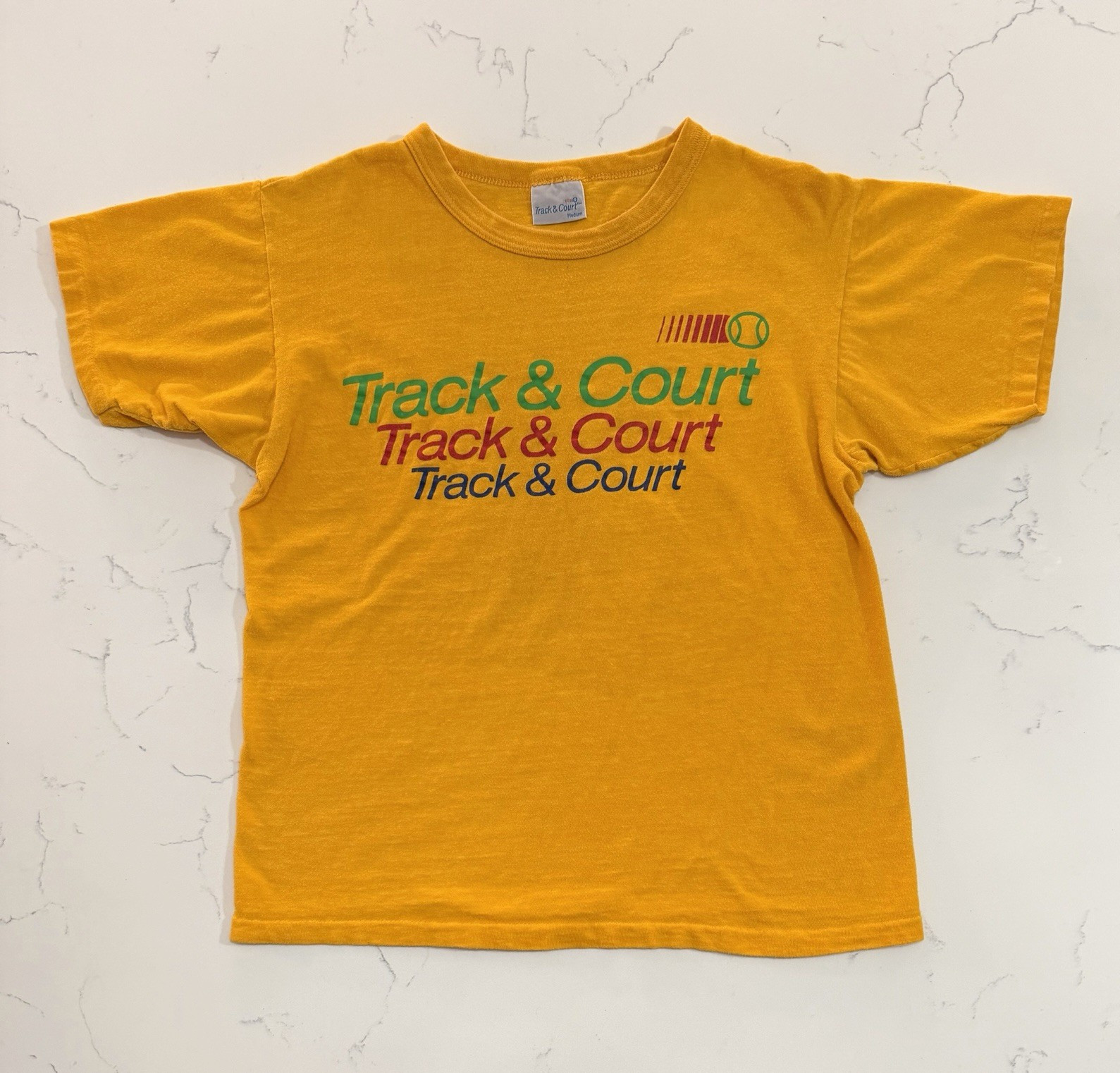 Vintage 80s 90s Track & Court Single Stitch Graphic T Shirt Yellow Sports Medium