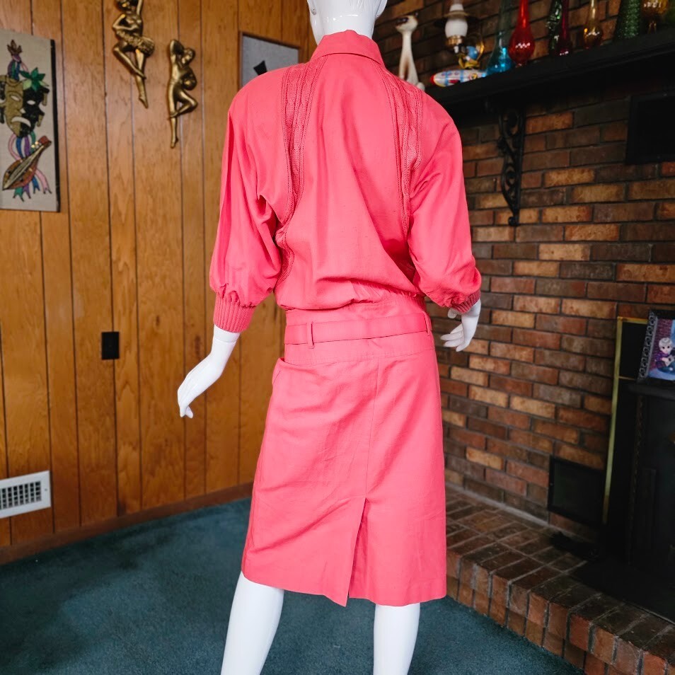 Vtg 80s Lillie Rubin Monochrome Salmon Blouson Pencil Uptown Linen Party Dress S