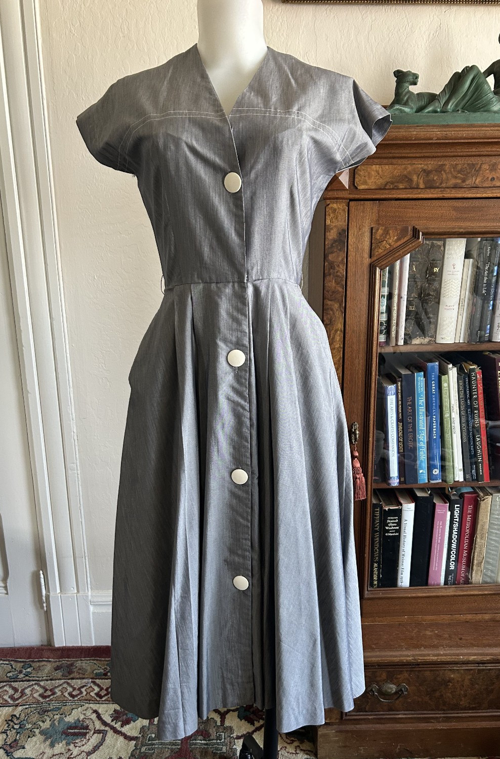 Vintage 1940s 1950s Grey Blue Casual Day Workwear Dress VTG 26 Full Skirt Button