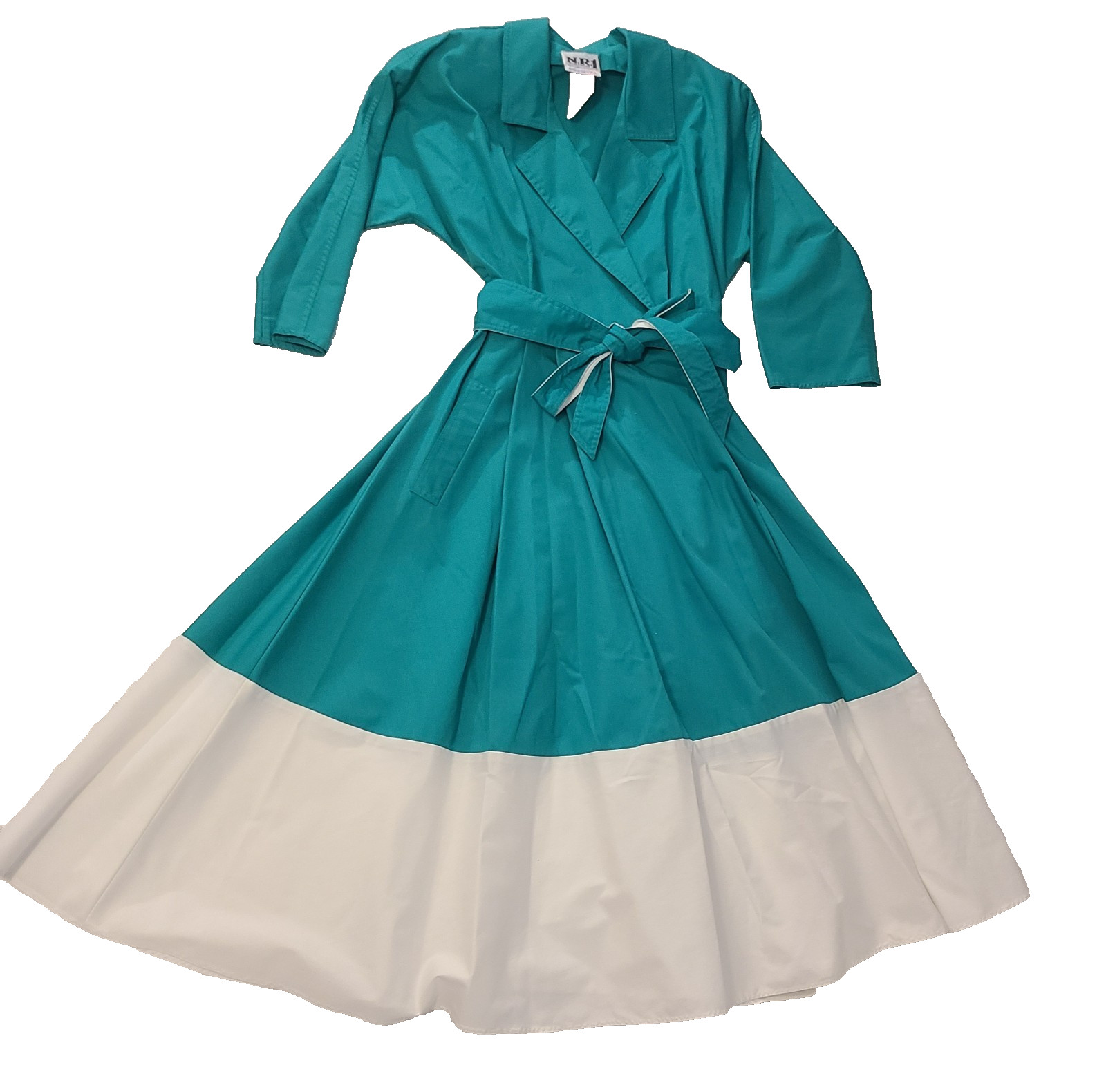 Vtg N.R.1 80s Long Sleeve Shirt Dress Retro 50s (10) Teal White Rockabilly Swing