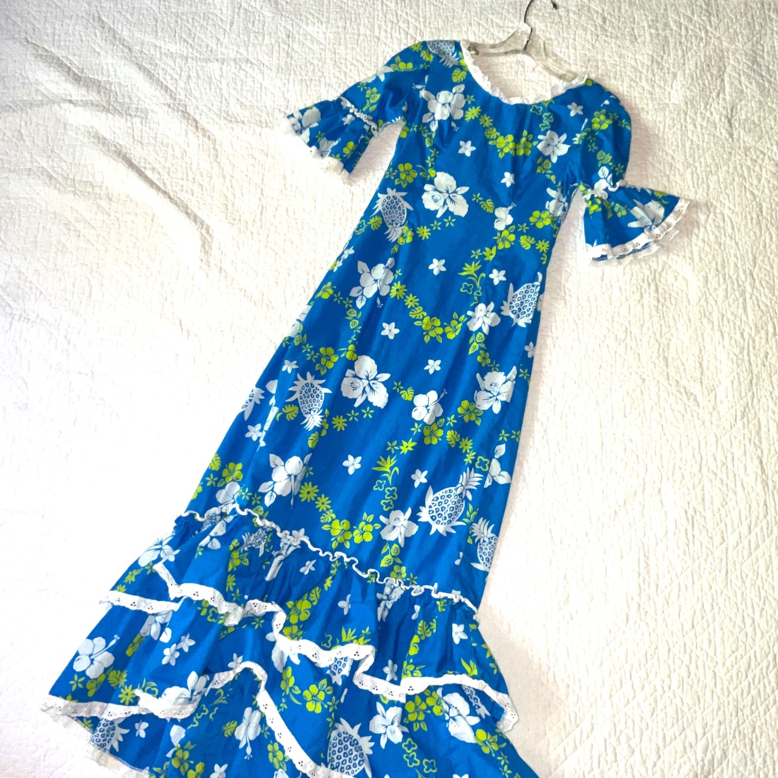 80s vintage Hawaiian muu muu women’s size S blue green poly cotton blend Kalena