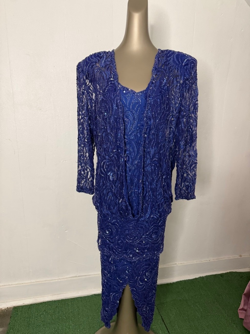 Judith Ann Creations Blue Beaded Sequin Evening Dress Size L