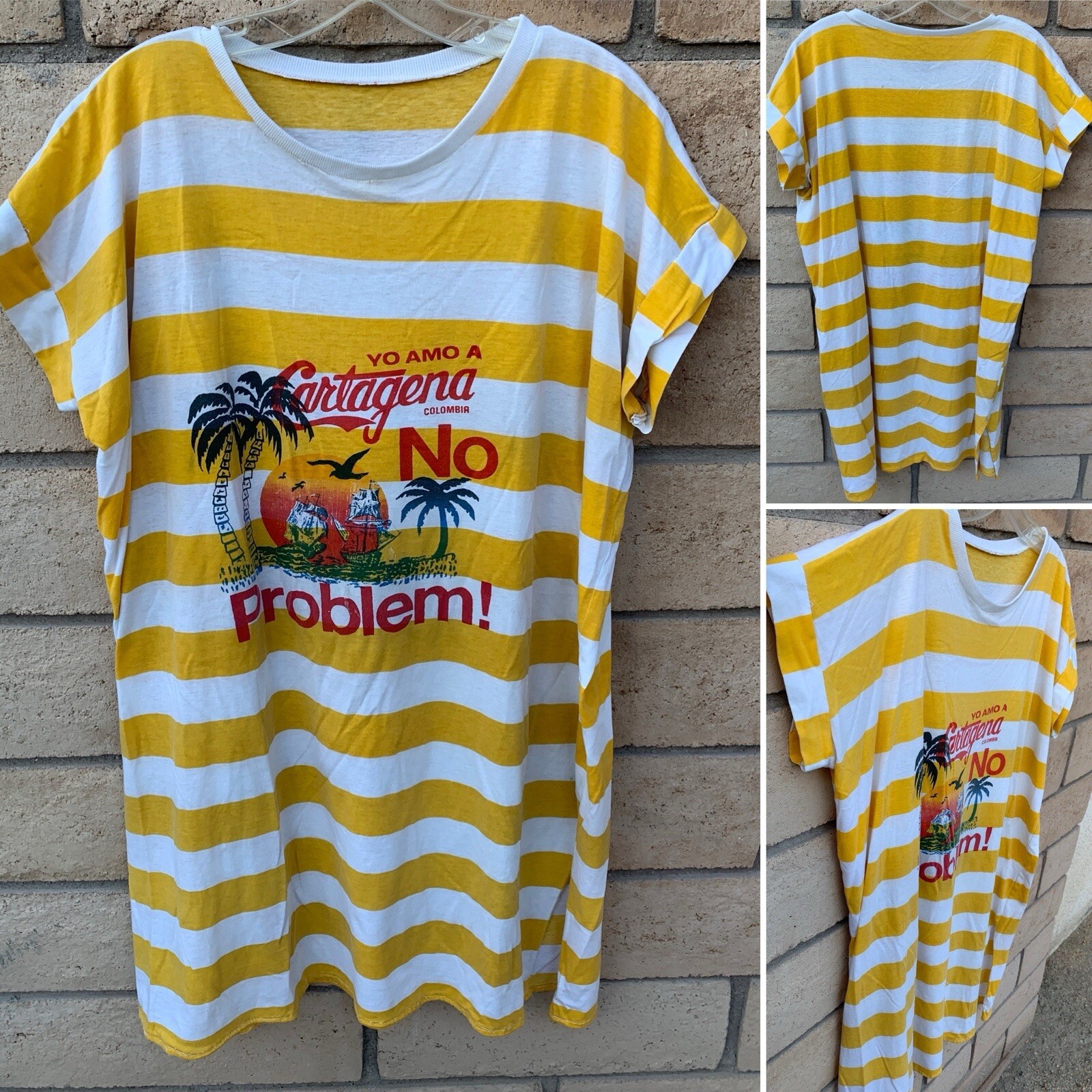 Vintage Yo Amo A Cartagena Colombia No Problem Striped Long Tee T Shirt Dress OS