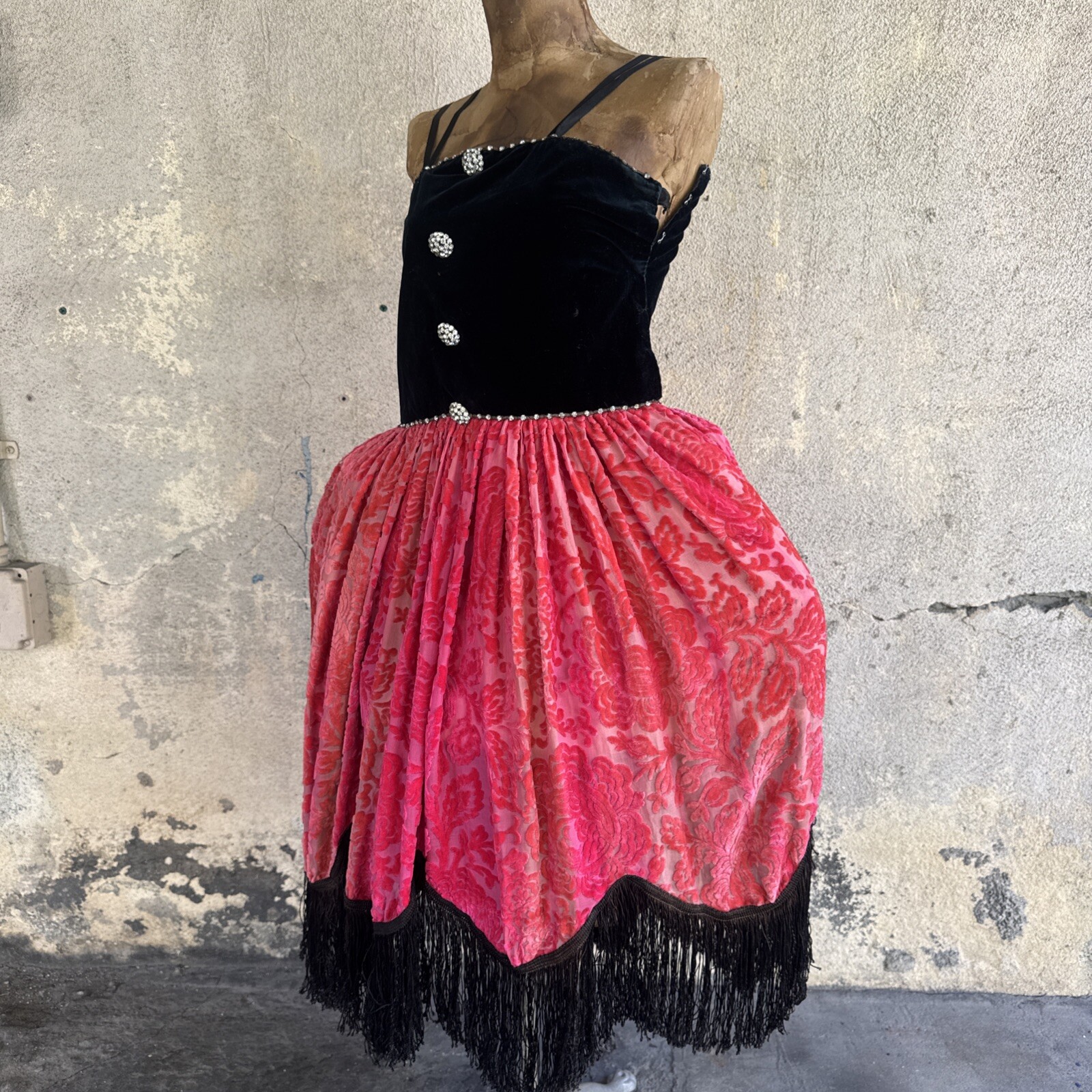 Antique 1920s Robe De Style Stage Dress Pink Devore Velvet Fringe Rhinestone VTG