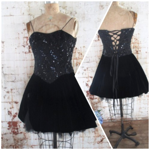 Vintage Black Velvet Tulle Full Skirt Mini Sequin Party Dress Lace Back Sz Med