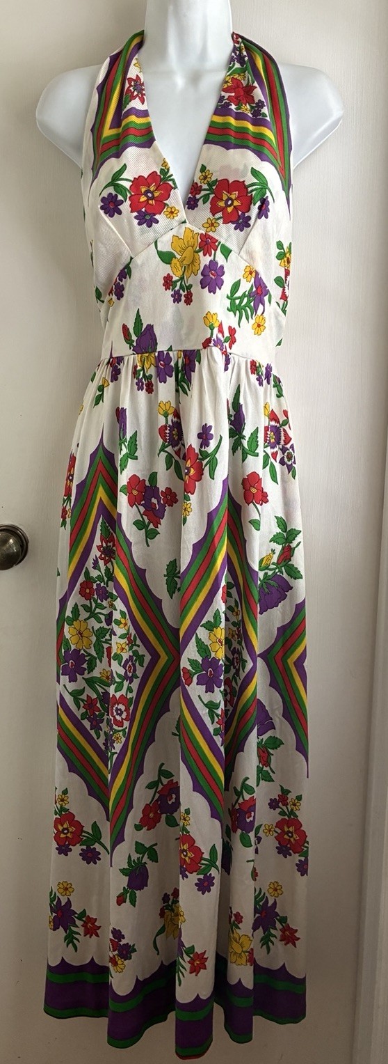 Vtg 70s Dress Maxi V-Neck Open Back Halter Floral Psychedelic Medium