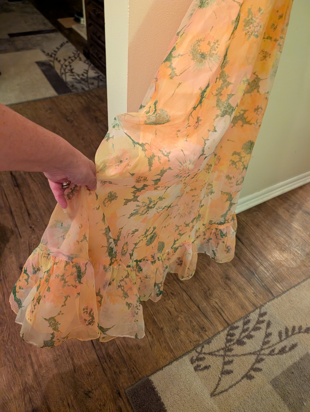 Vintage 1960’s Floral Chiffon Halter Maxi Dress W Cape Sz 7 Union Made.Cottage