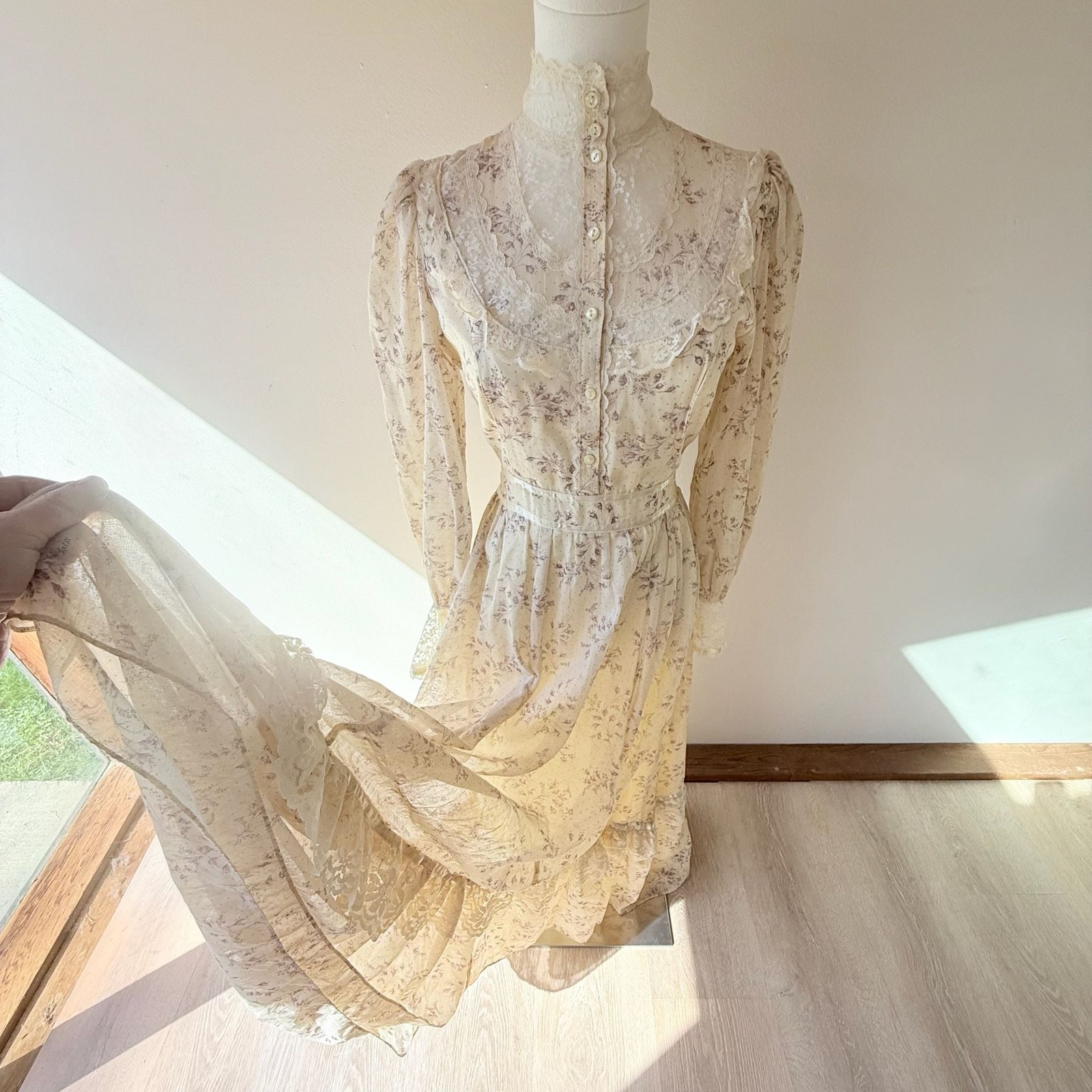 Gunne Sax Vintage 70s Prairie Floral Maxi Dress with Lace and High Neckline