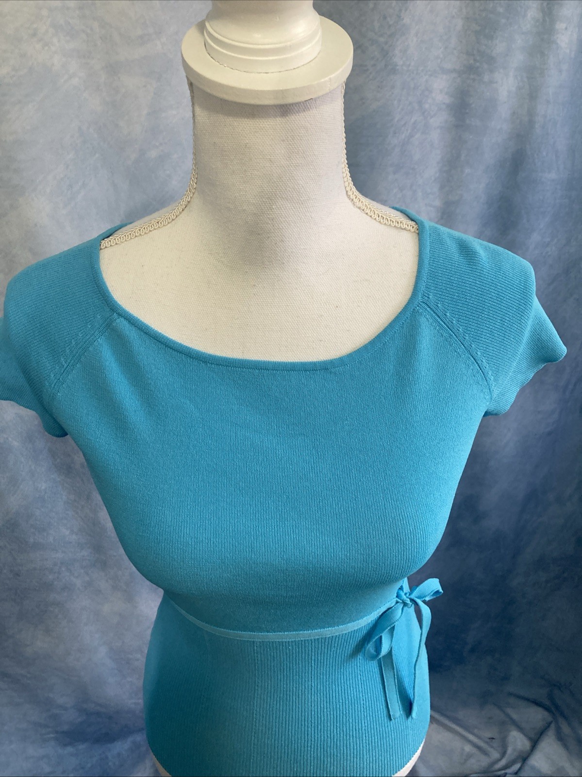 Vintage Casual Corner Turquoise Ribbed Knit Top Size Small Tie Waist Y2K EUC