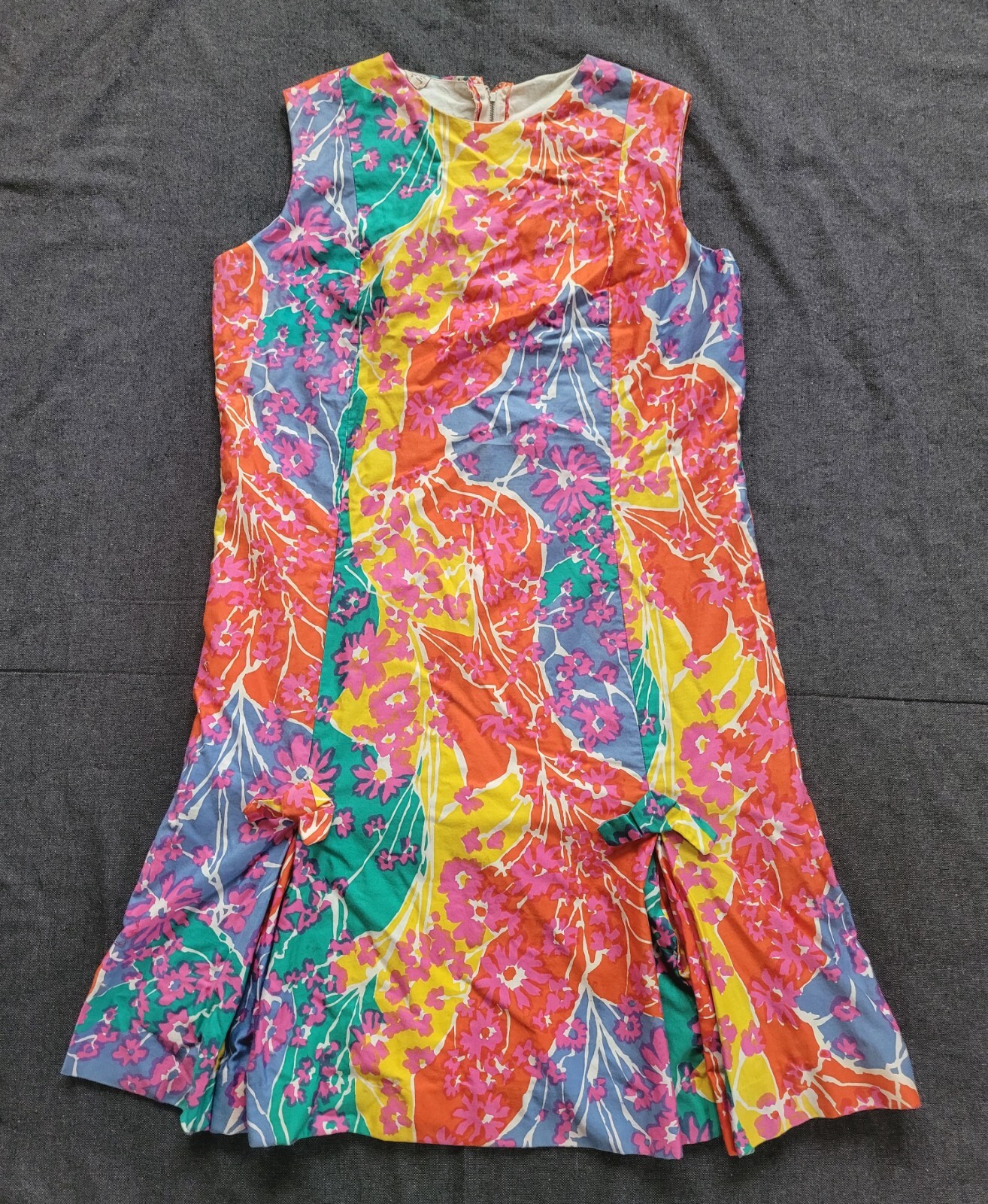 Vintage Dress 50s 60’s Floral Bright Cotton A-line Bow Ruffle S/M Mod Gogo