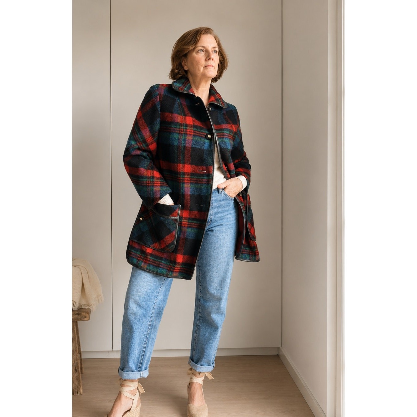 Womens Wool Plaid Coat M Made USA Equestrian Country Side Classic Mod Preppy