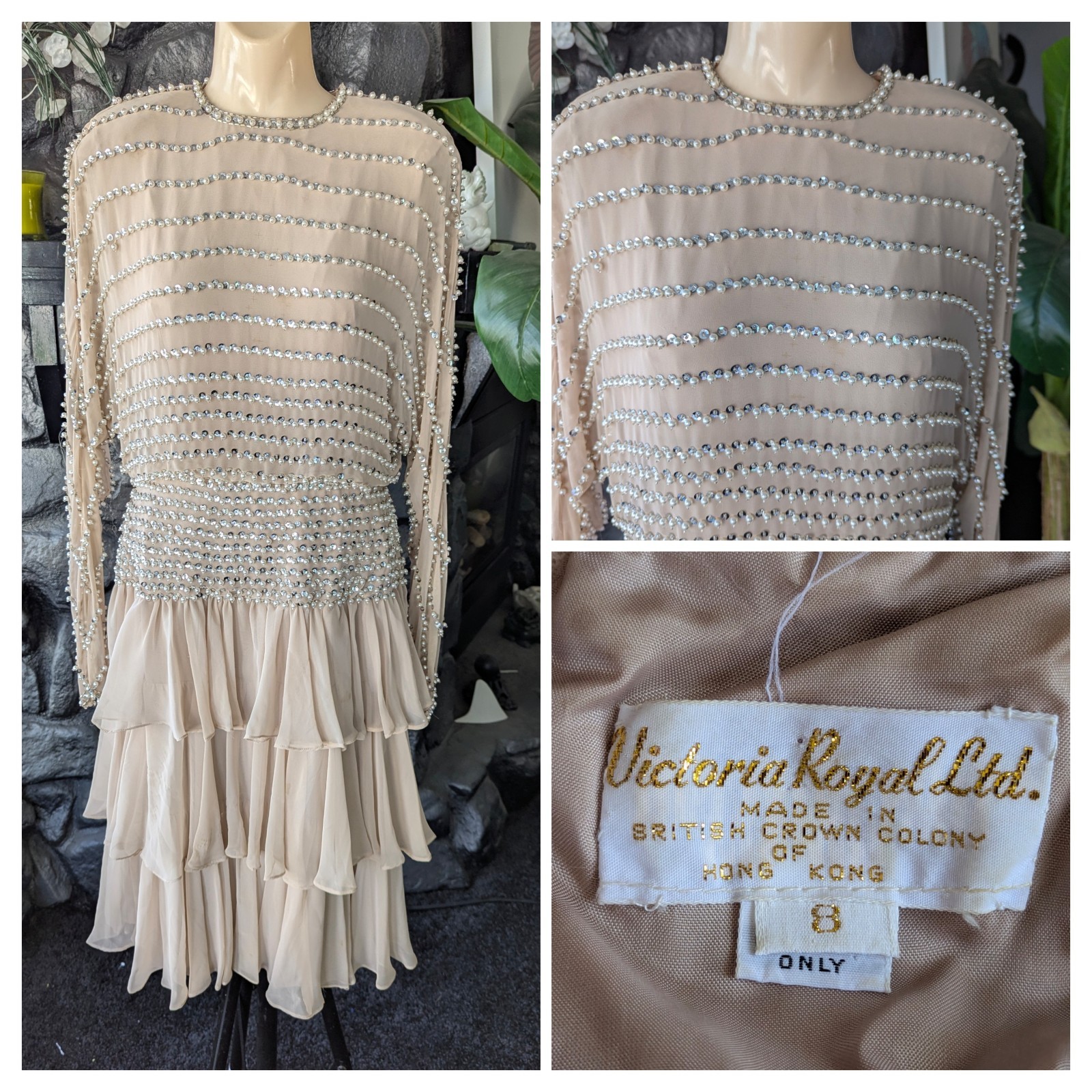 Vtg 80s Victoria Royal Ltd Hong Kong Pearls & Sequin Dress Ruffles Wedding Guest
