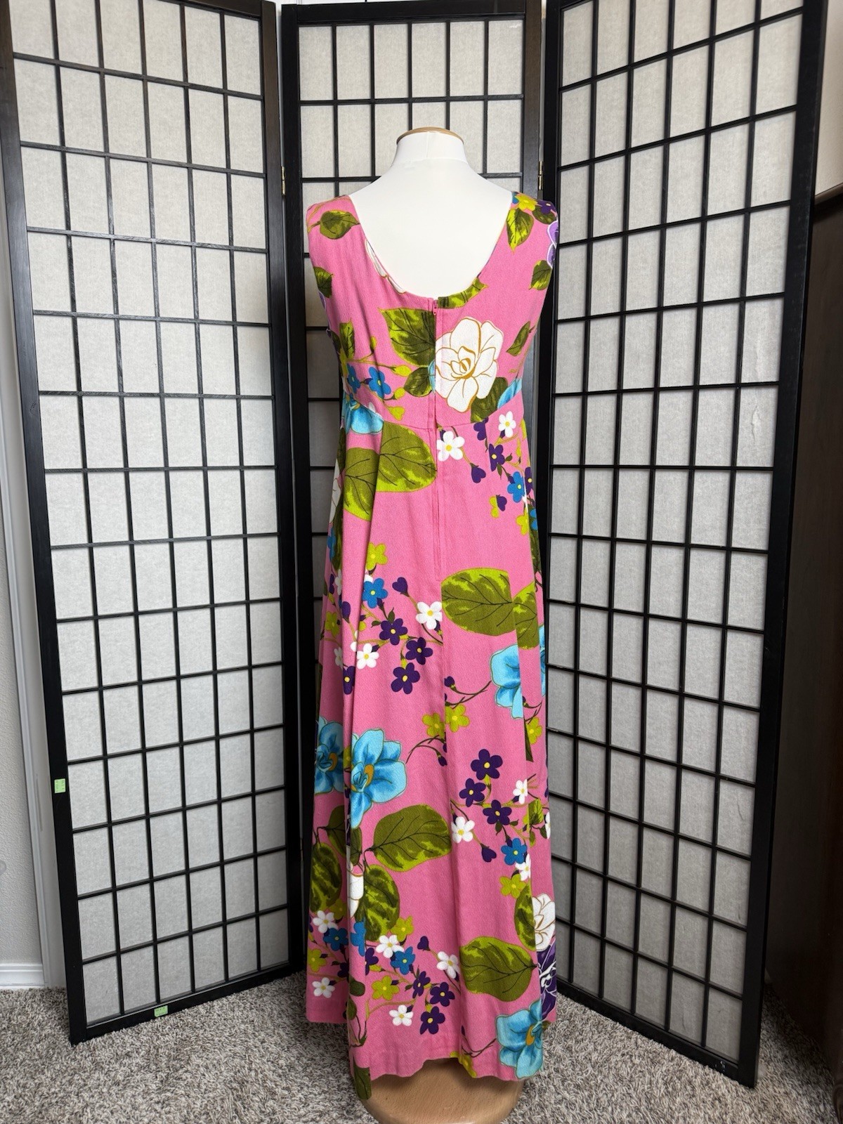 VTG 60s Ui-Maikai Hawaiian Pink Floral Barkcloth Maxi Dress Resort Tiki Luau