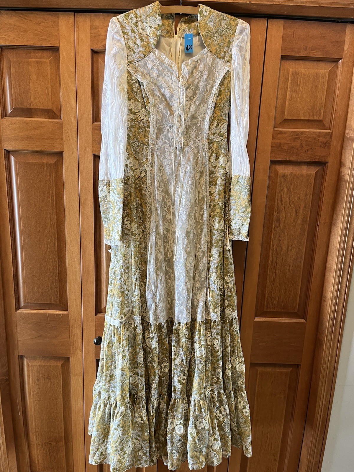 Vintage Floral Green Tan Floral Lace No Tags Prairie Maxi Dress