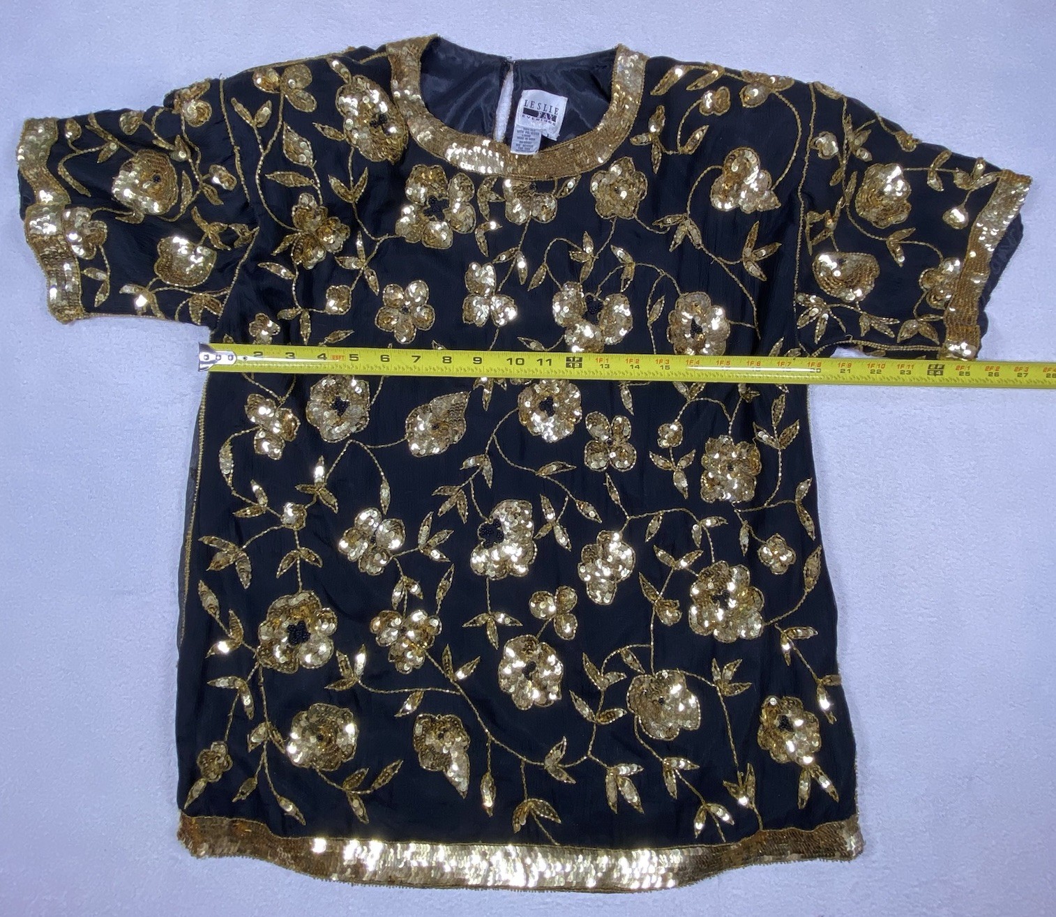Vintage Leslie Fay Evenings Women’s L Black Gold Sequin Beaded Blouse Top
