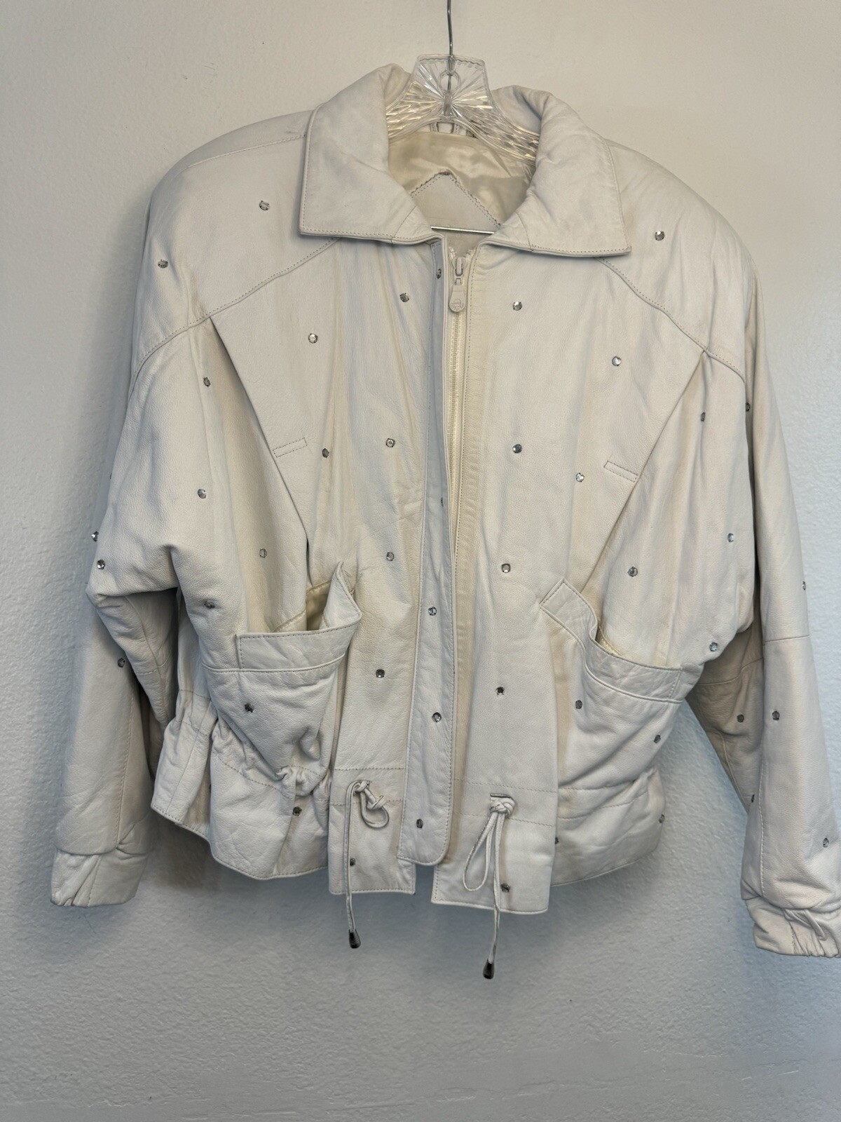 Vintage 1990s COPPER KEY White Leather Jacket Womens Large Rhinestone Coat Moto