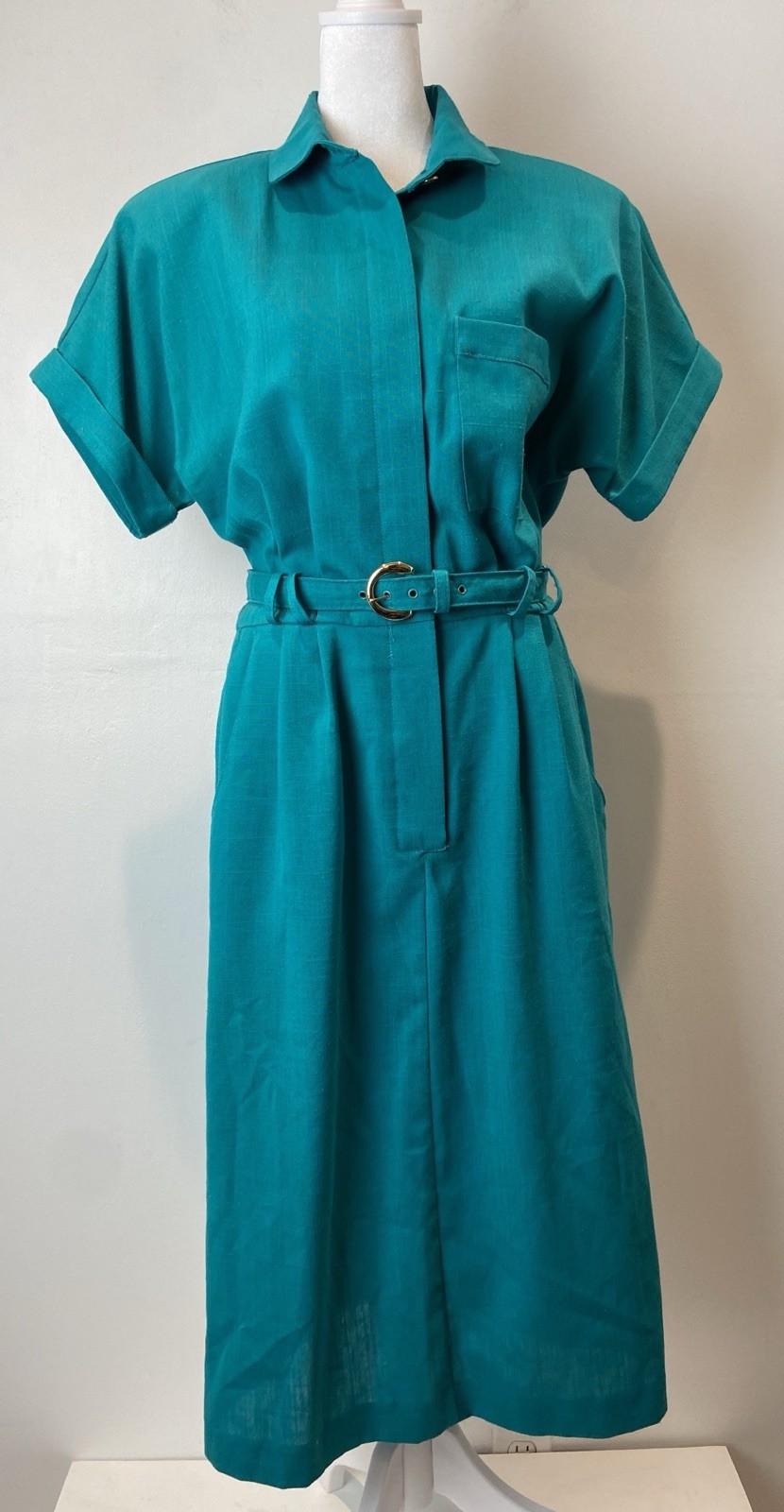 Vintage 1980’s Stuart Alan Petites Turquoise Button Down Belted Shirt Dress