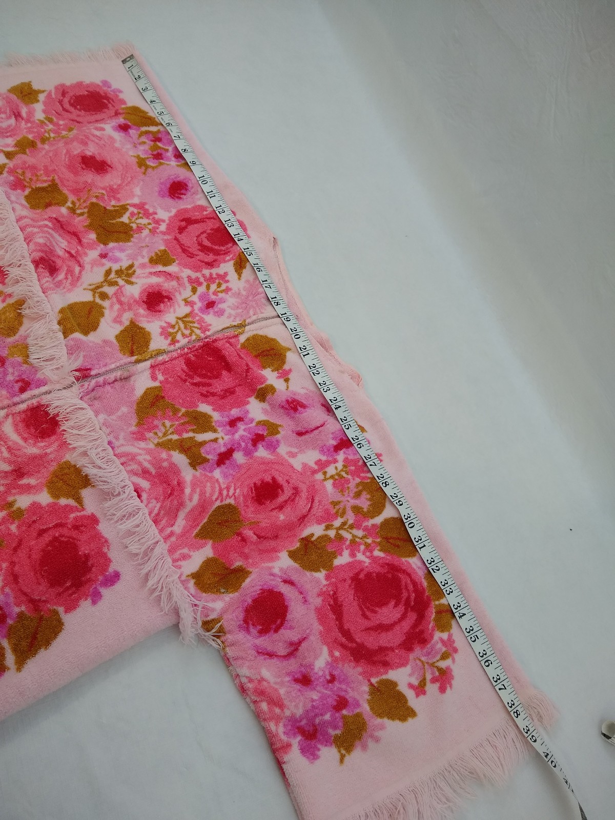 Vintage 70s Terrycloth Towel Dress Coverup Caftan Pink Flowers Fringe S/M READ