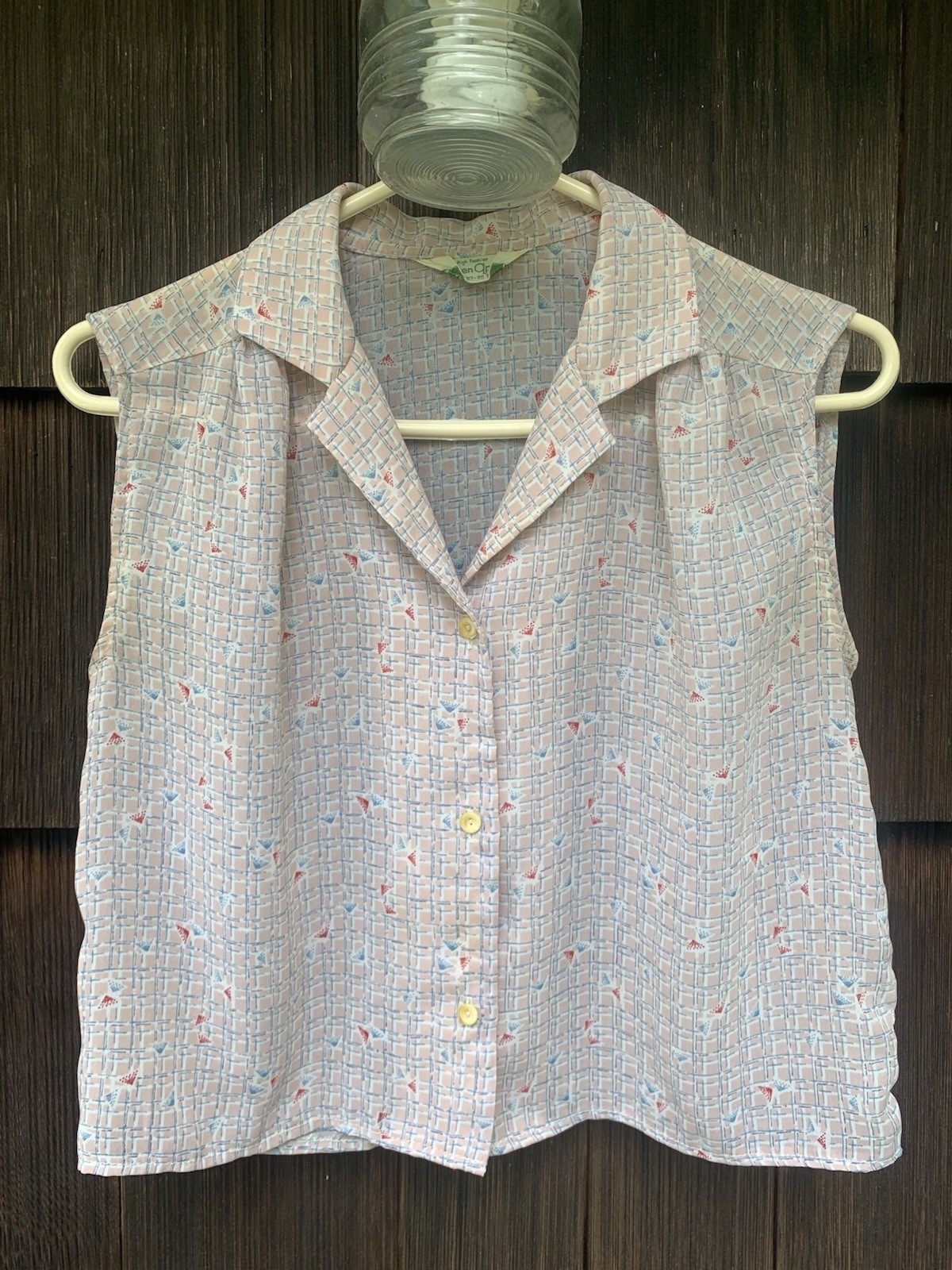 Vintage 80s New Wave Sleeveless Gauze Button Down Crop Summer Blouse Cotton S