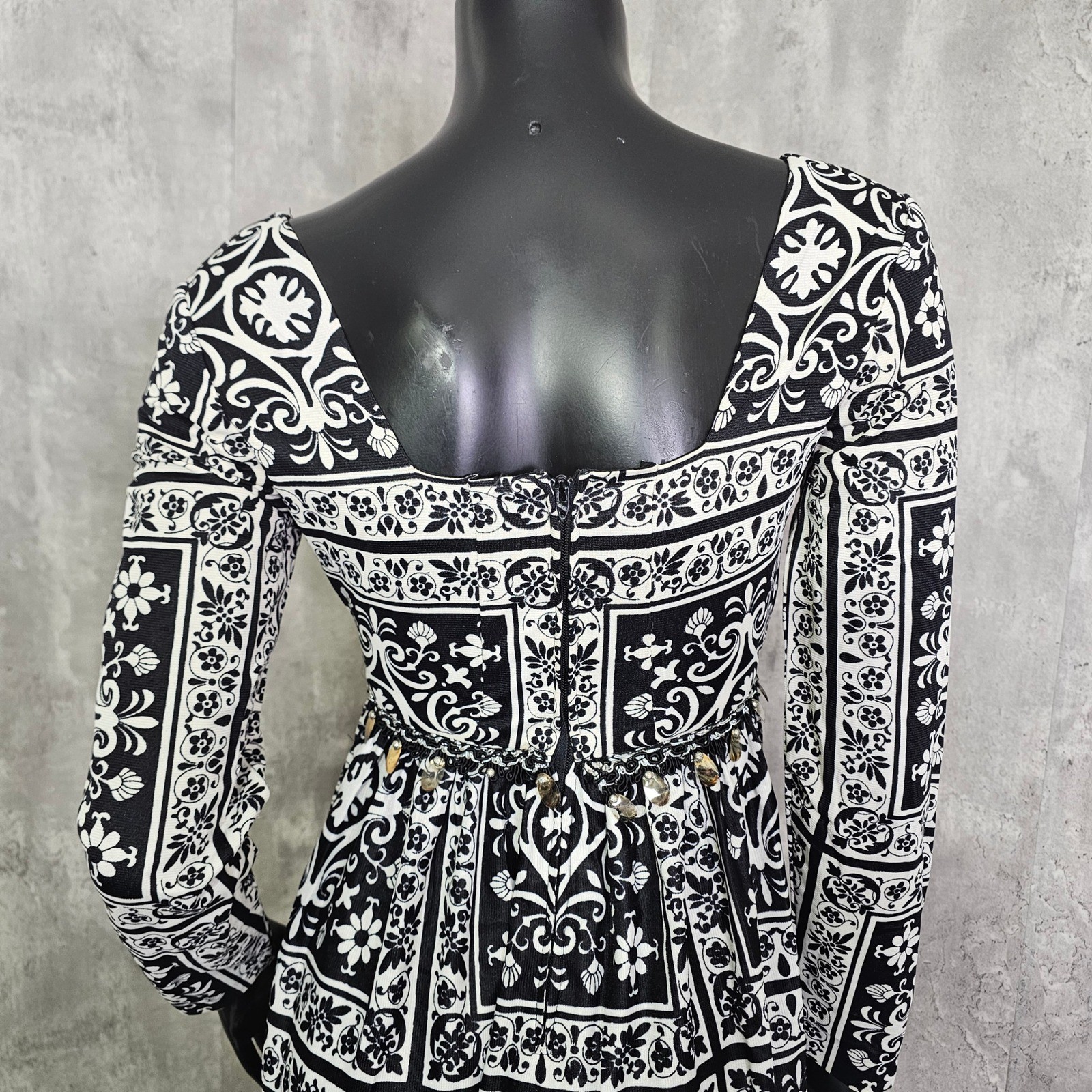 Vintage 70s Tea Timer Maxi Dress Black White Damask Side Slits Beaded Boho XS