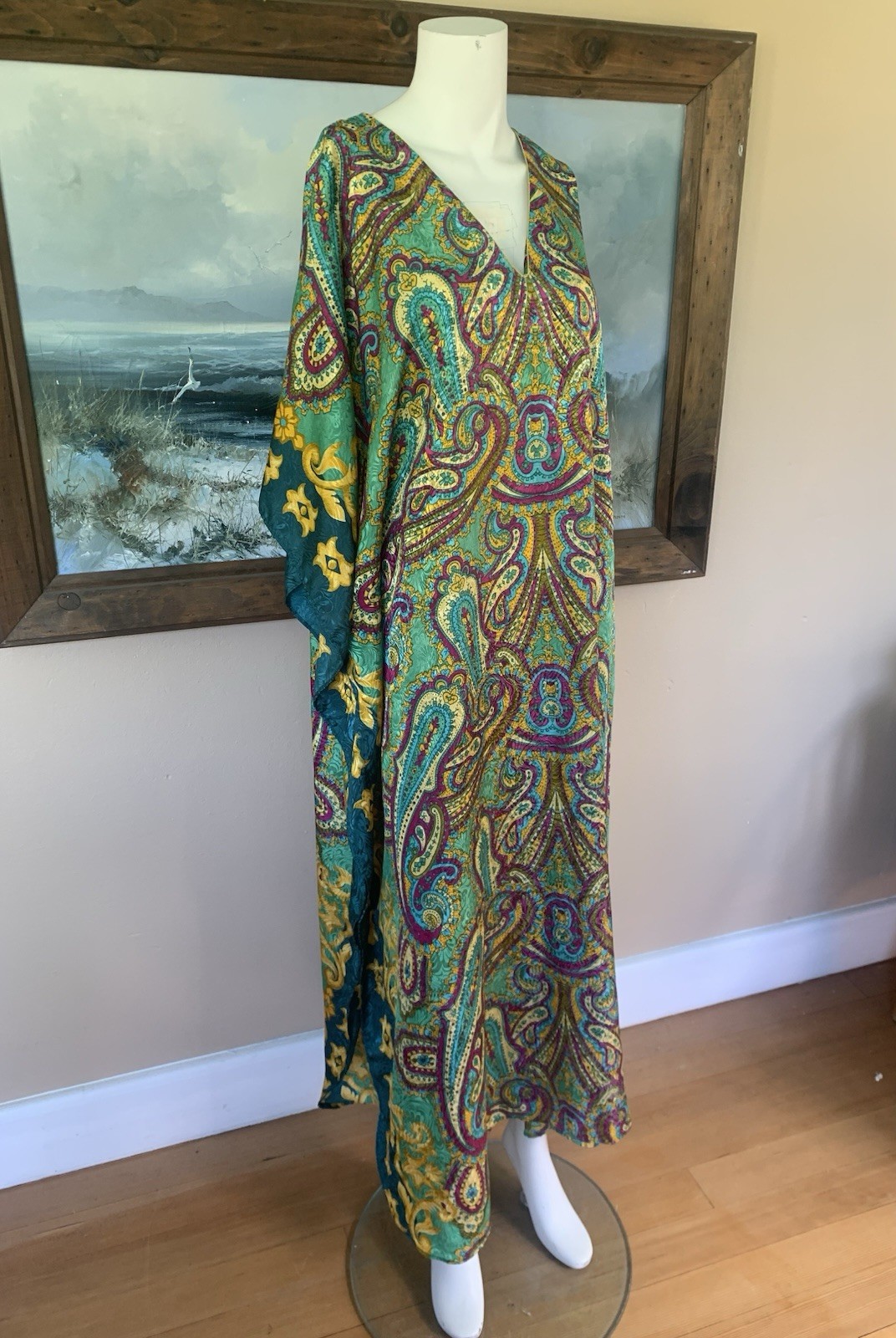 Vintage Green Silky MuMu | 1970s Paisley Caftan Dress