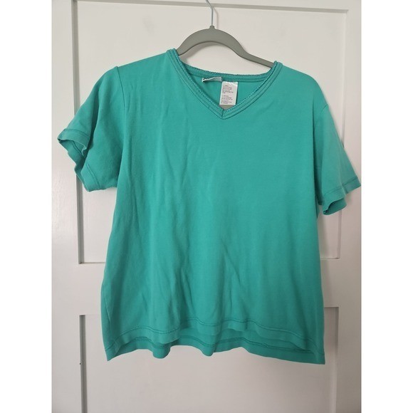Basic Editions Vintage Teal Green V-Neck T-Shirt Large 100% Cotton Boxy Y2K