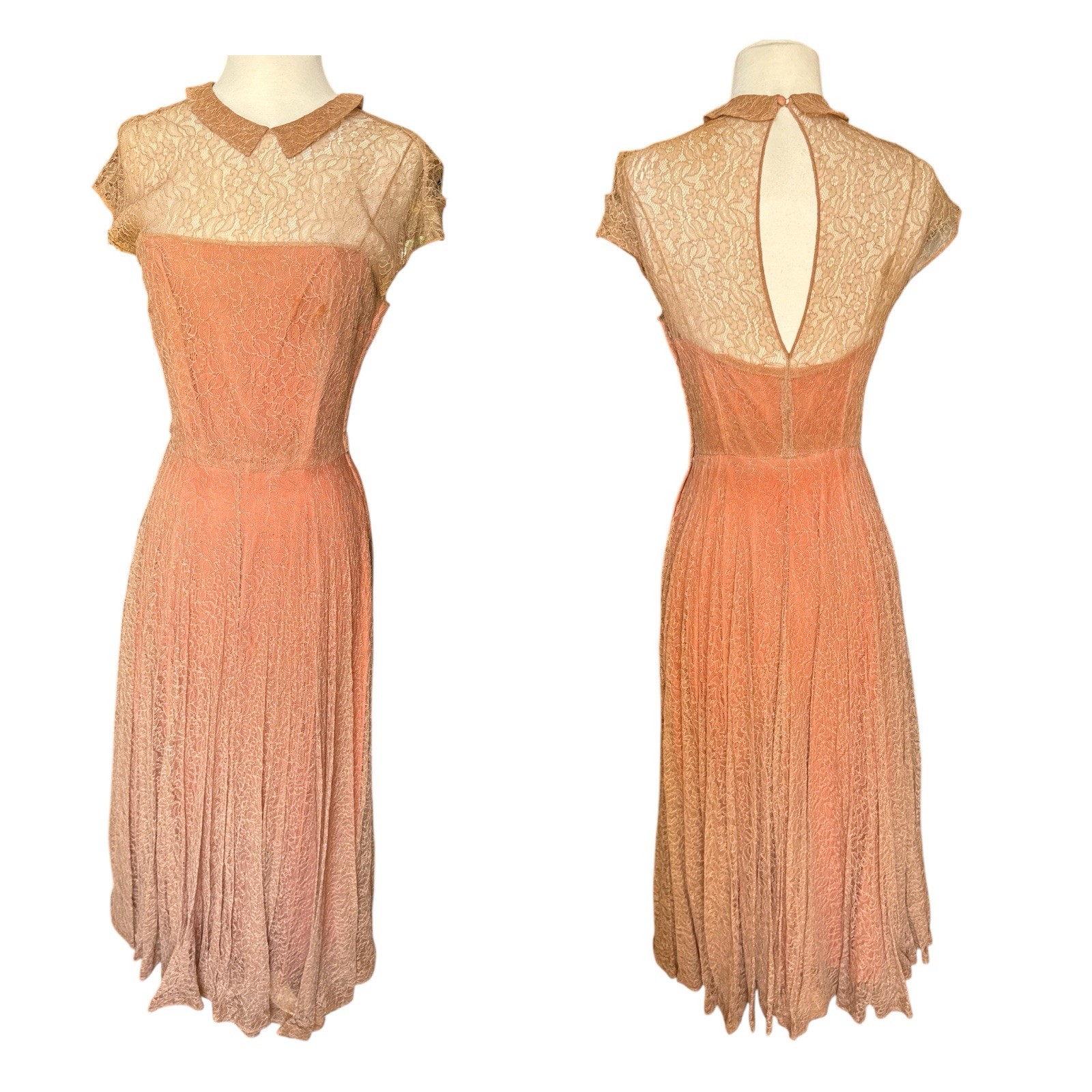 Vintage 40’s Ceil Chapman Lace Gown Peach Brown Copper 24” Waist Midi Sz 4