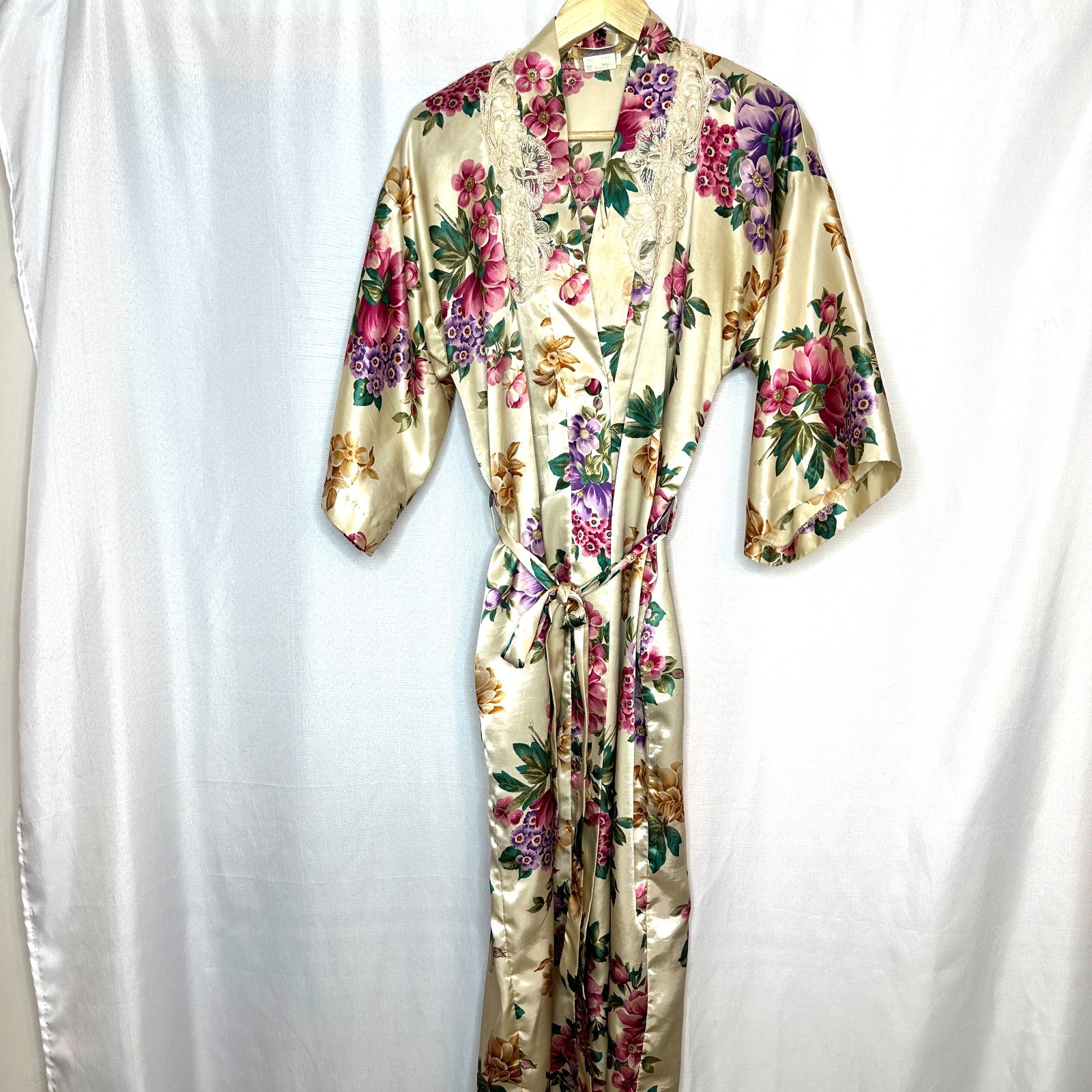 VTG California Dynasty Floral Lace Belted Robe, Small Made USA Coquette Cottage