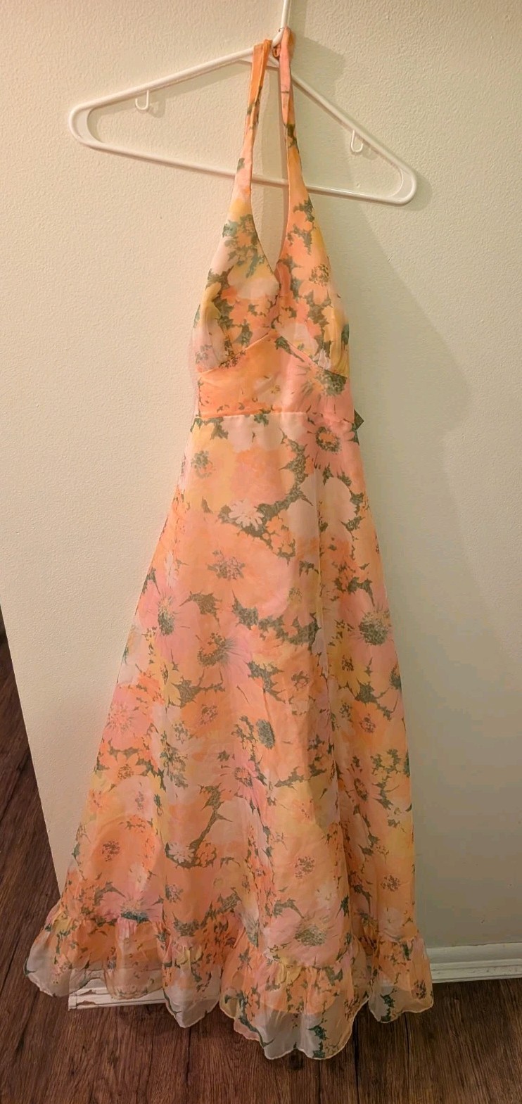 Vintage 1960’s Floral Chiffon Halter Maxi Dress W Cape Sz 7 Union Made.Cottage