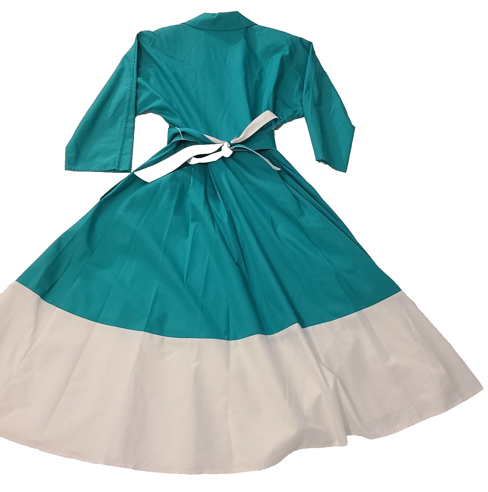Vtg N.R.1 80s Long Sleeve Shirt Dress Retro 50s (10) Teal White Rockabilly Swing