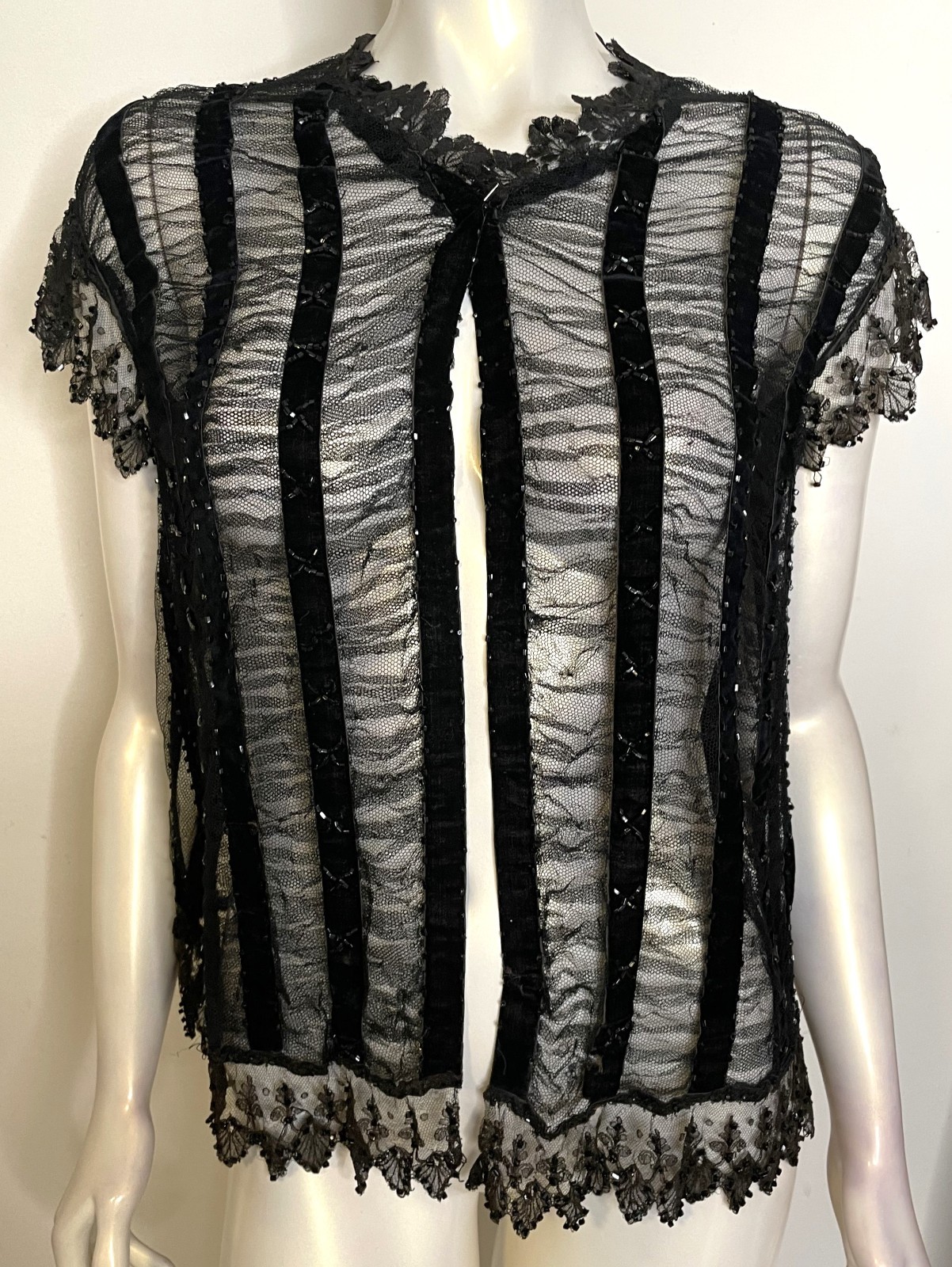 Antique 20s Black Beaded Lace Jacket S M Overlay Evening Edwardian Victorian
