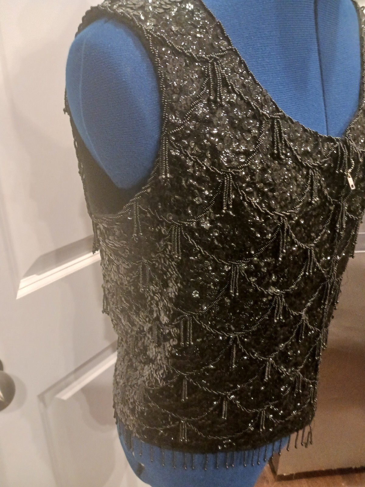 Vintage Hand Full Fashioned Hand Beaded Wool Sequin Sweater Medium