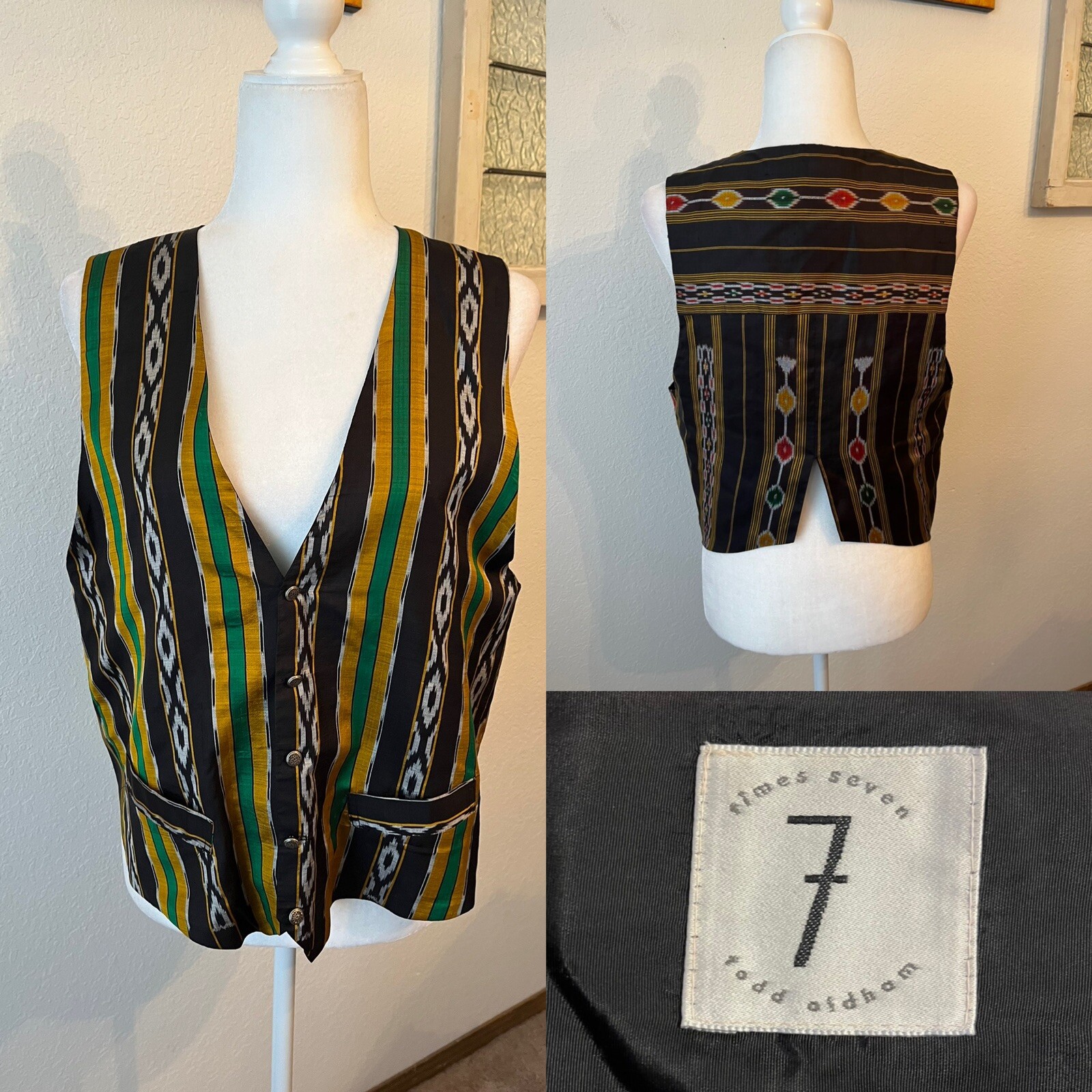 Vtg 90’s Times Seven Todd Oldham 100% Silk Multicolor Vest Unisex OS USA Made