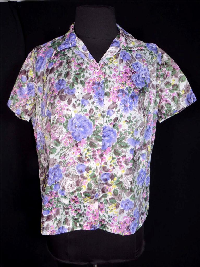 PLUS VINTAGE 1950’S-1960’S FRENCH MUTED FLORAL PRINT NYLON BLOUSE SIZE 40-42