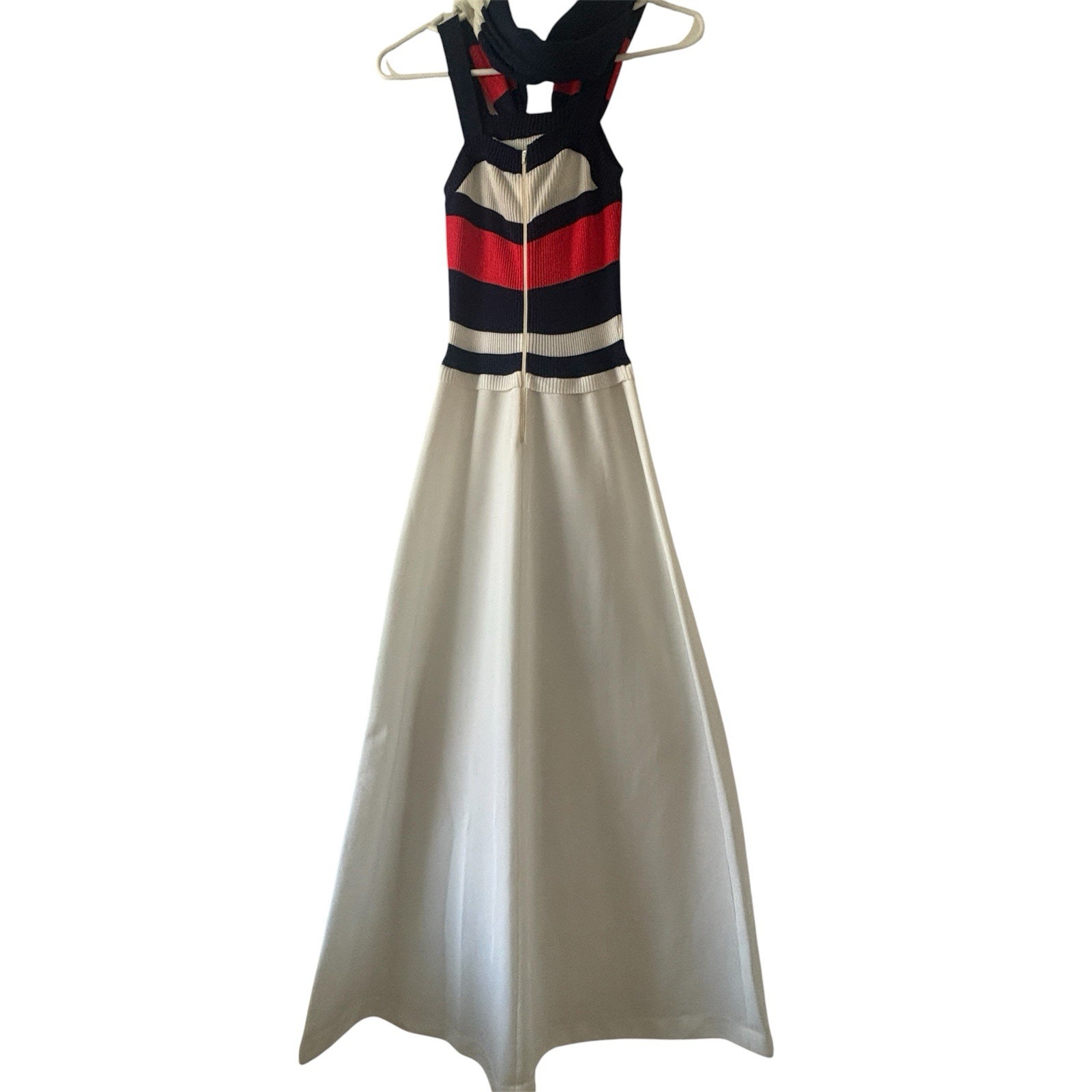 Vtg 70s Roncelli 5/6 Blue White Red Fit & Flare Maxi Dress Mod Retro w/ Scarf