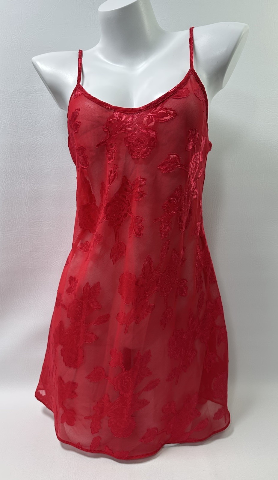 Vintage Secret Treasures Red Floral Sheer Babydoll Slip Dress Size Small Y2K