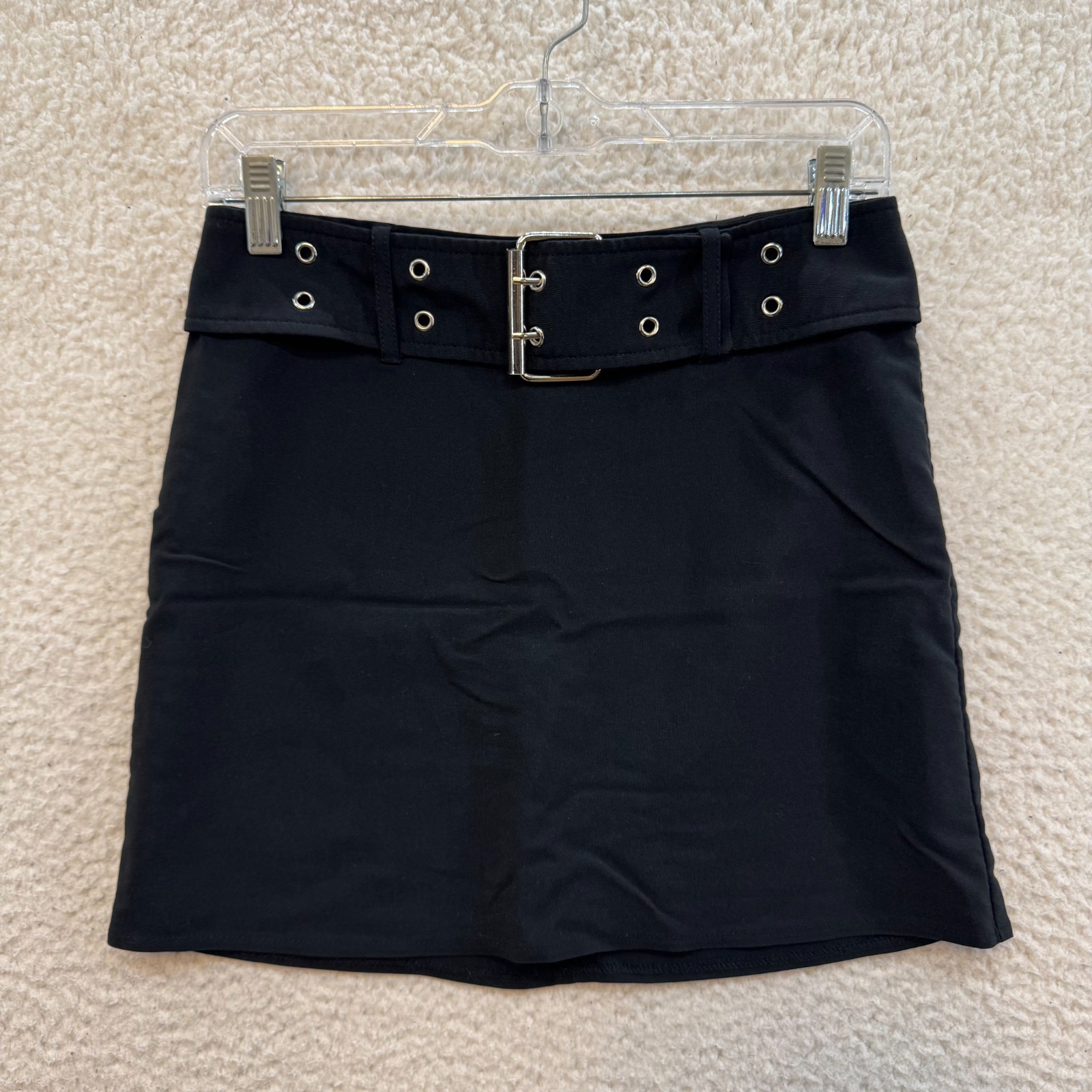 90s Y2K Vintage Black Mini Skirt 0 2 24 25 XS Grommet Belted Corpcore Office