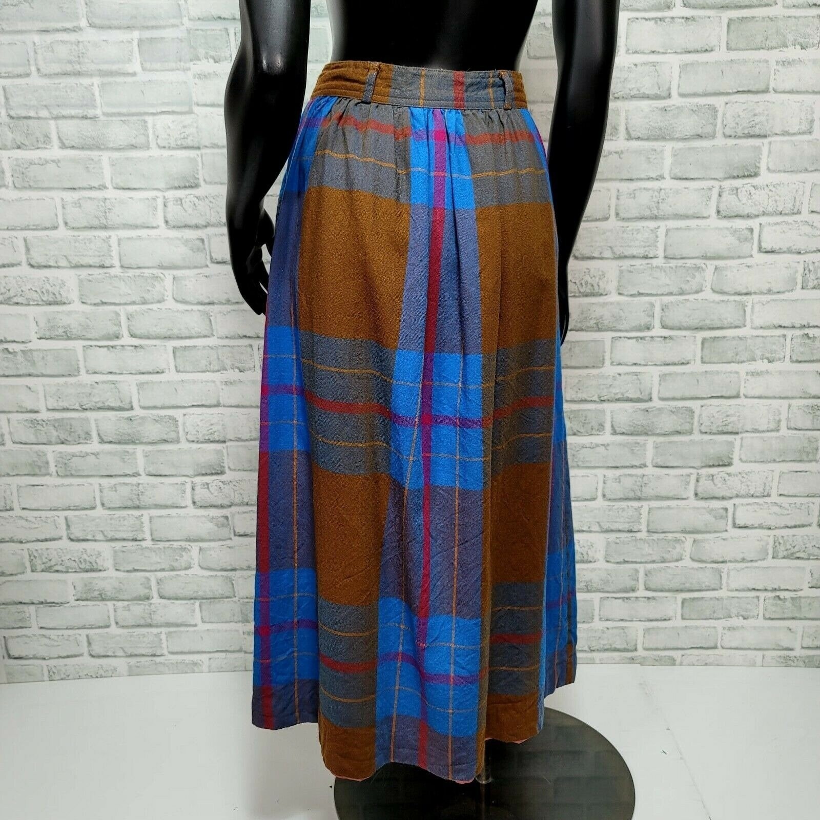 Vintage Liz Claiborne Wool Plaid Midi Skirt Brown Blue Red 70s 80s ILGWU USA