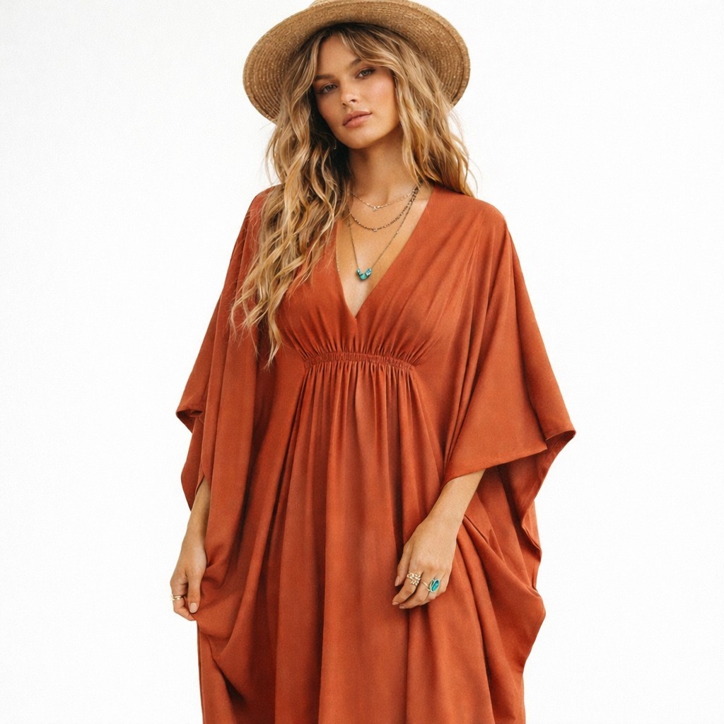 1970s Vintage Orange Rust Chic Montecito Miramar Beach Caftan Maxi Dress #49