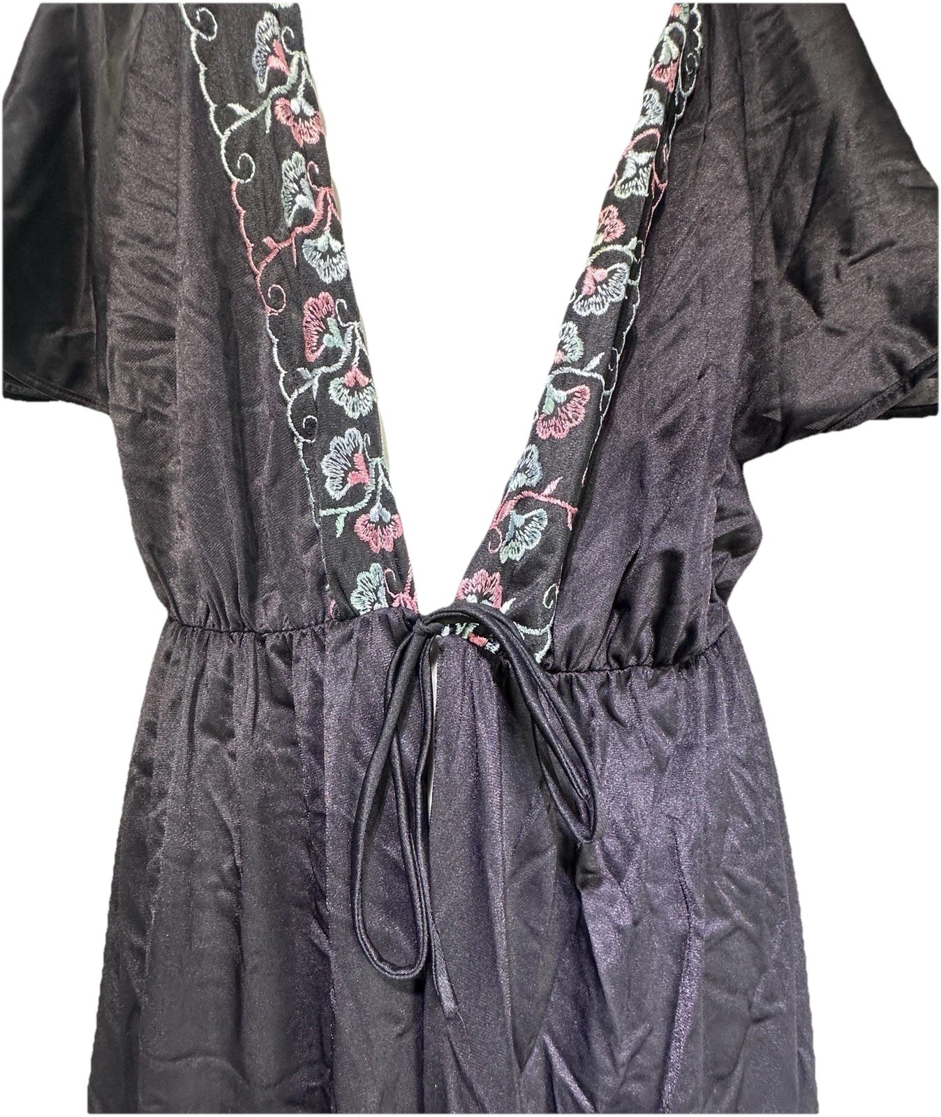 vintage Alan R. Womens Size XL Nylon floral embroidered Tie Front robe Sleepwear