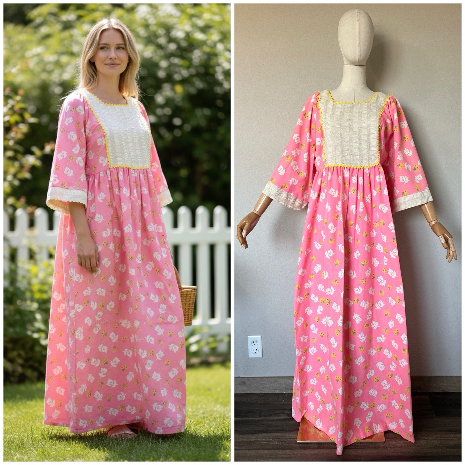 Vintage 70s Handmade Pink Floral Prairie Cottagecore Mumu Maxi Dress One Size
