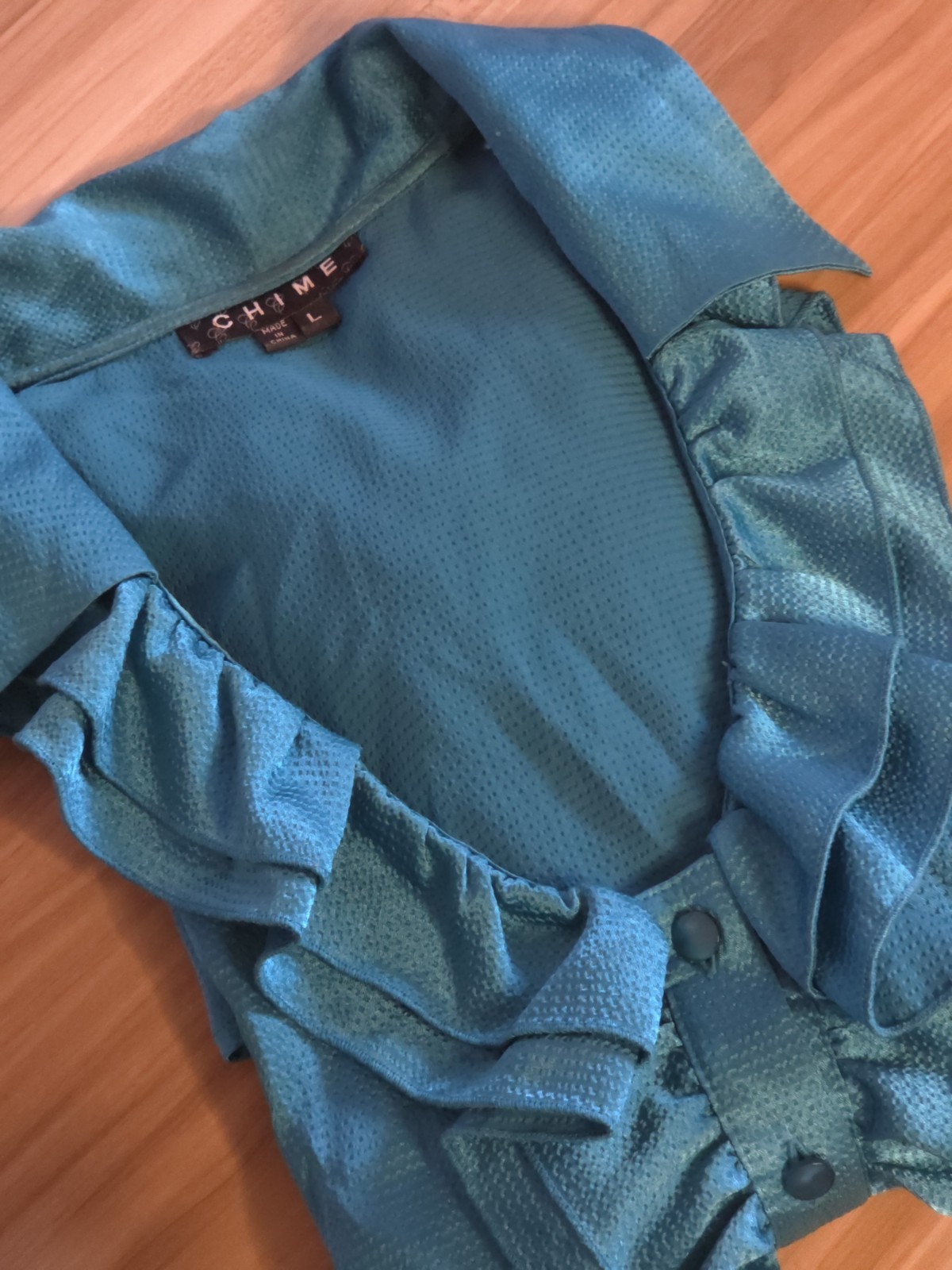 CHIME Women’s 80s Vintage Turquoise Ruffle Button Up Dress Shirt Size L